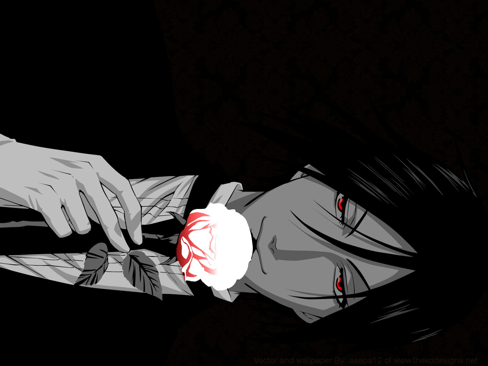 kuroshitsuji, michaelis, sebastian, eyes, 720P, suit, red, anime, selective, brunettes, coloring, flowers, HD Wallpaper