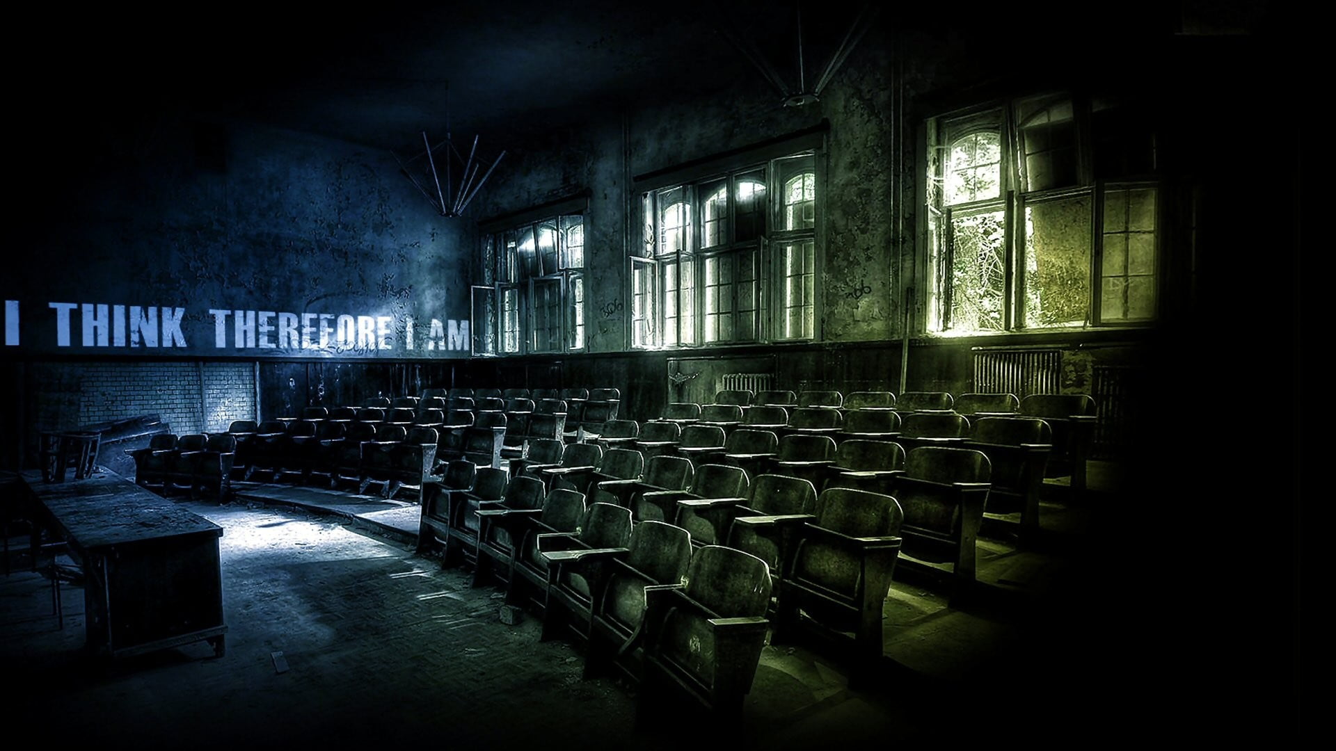 in a row, seat, architecture, arrangement, dark, stage, building, table, old, empty, no people, built structure, abandoned, indoors, theater, chair, absence, HD Wallpaper