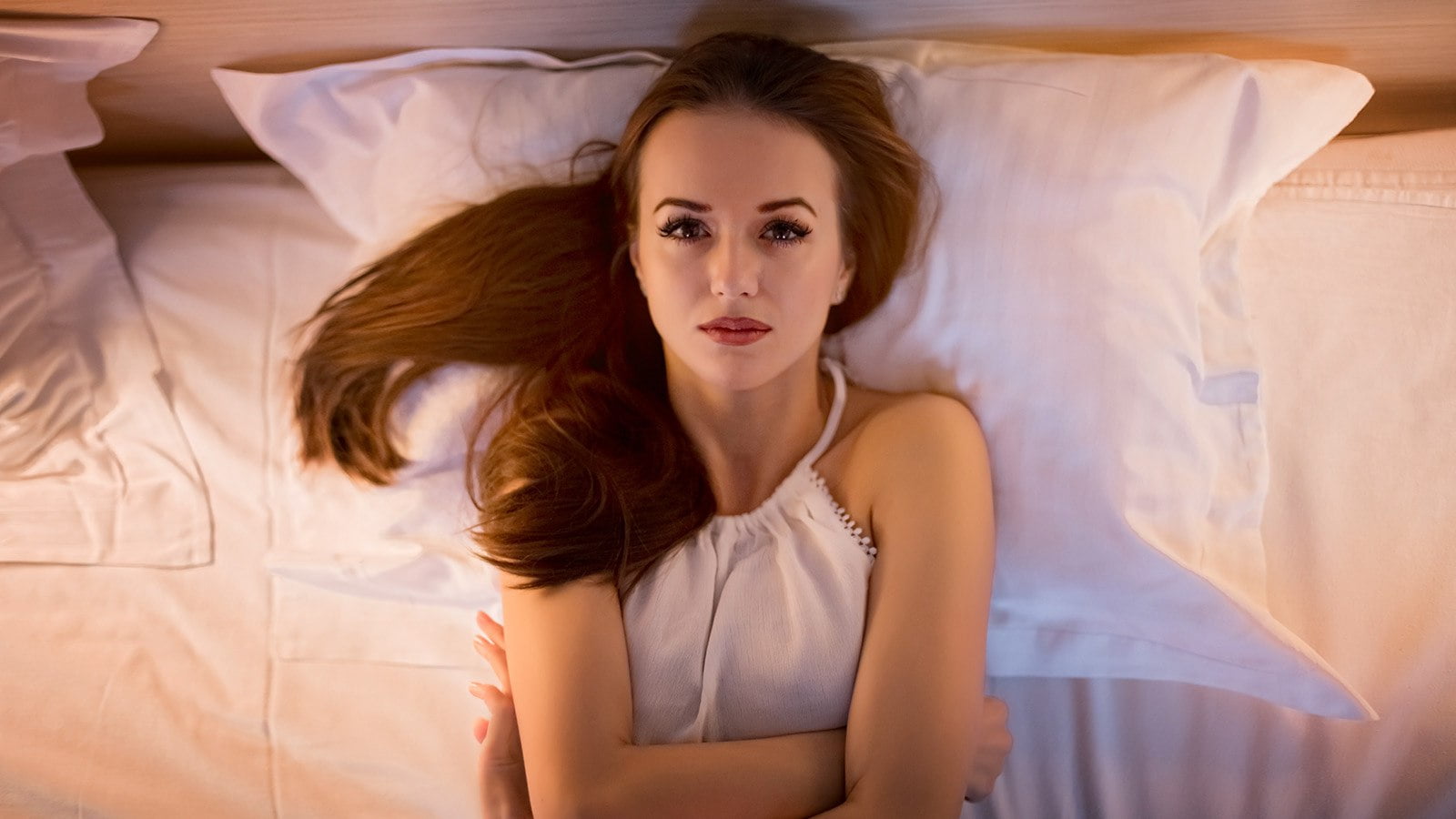 beautiful woman, front view, hairstyle, indoors, one person, straight hair, portrait, furniture, adult, pillow, arms crossed, in bed, women, Dmitry Korneev, HD Wallpaper