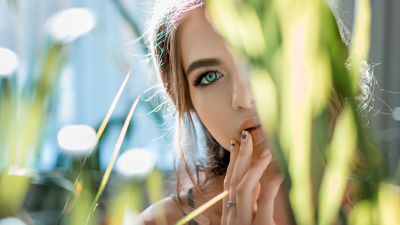 720P, juicy lips, portrait, depth of field, brunette, Dmitry Korneev, women outdoors, face, women, blue eyes, HD Wallpaper