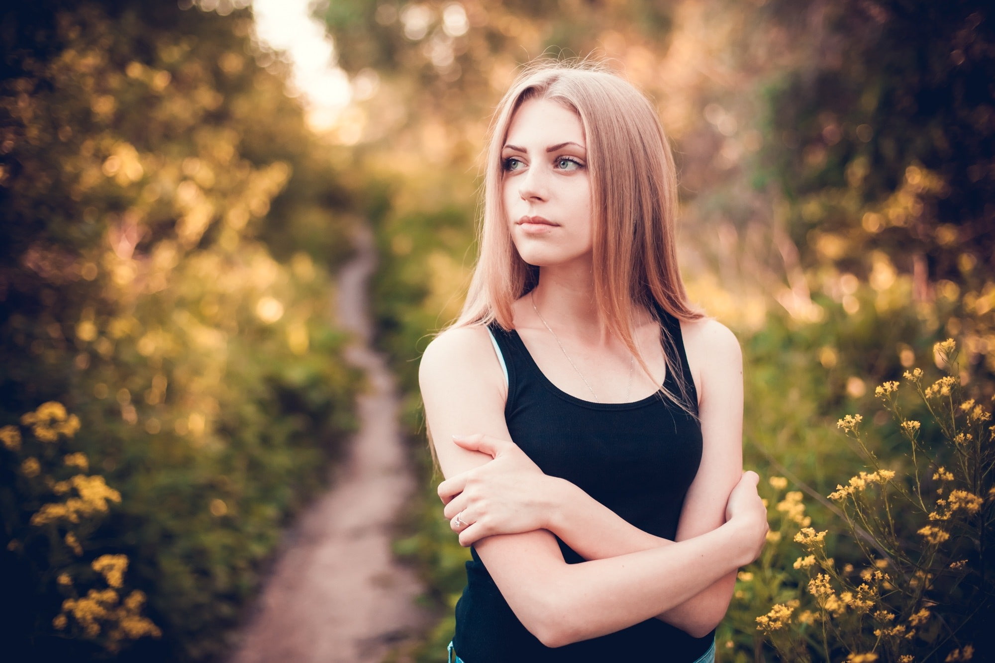 arms crossed, young adult, portrait, hair, standing, blonde, outdoors, beauty, contemplation, Dmitriy Korneev, hairstyle, leisure activity, depth of field, HD Wallpaper