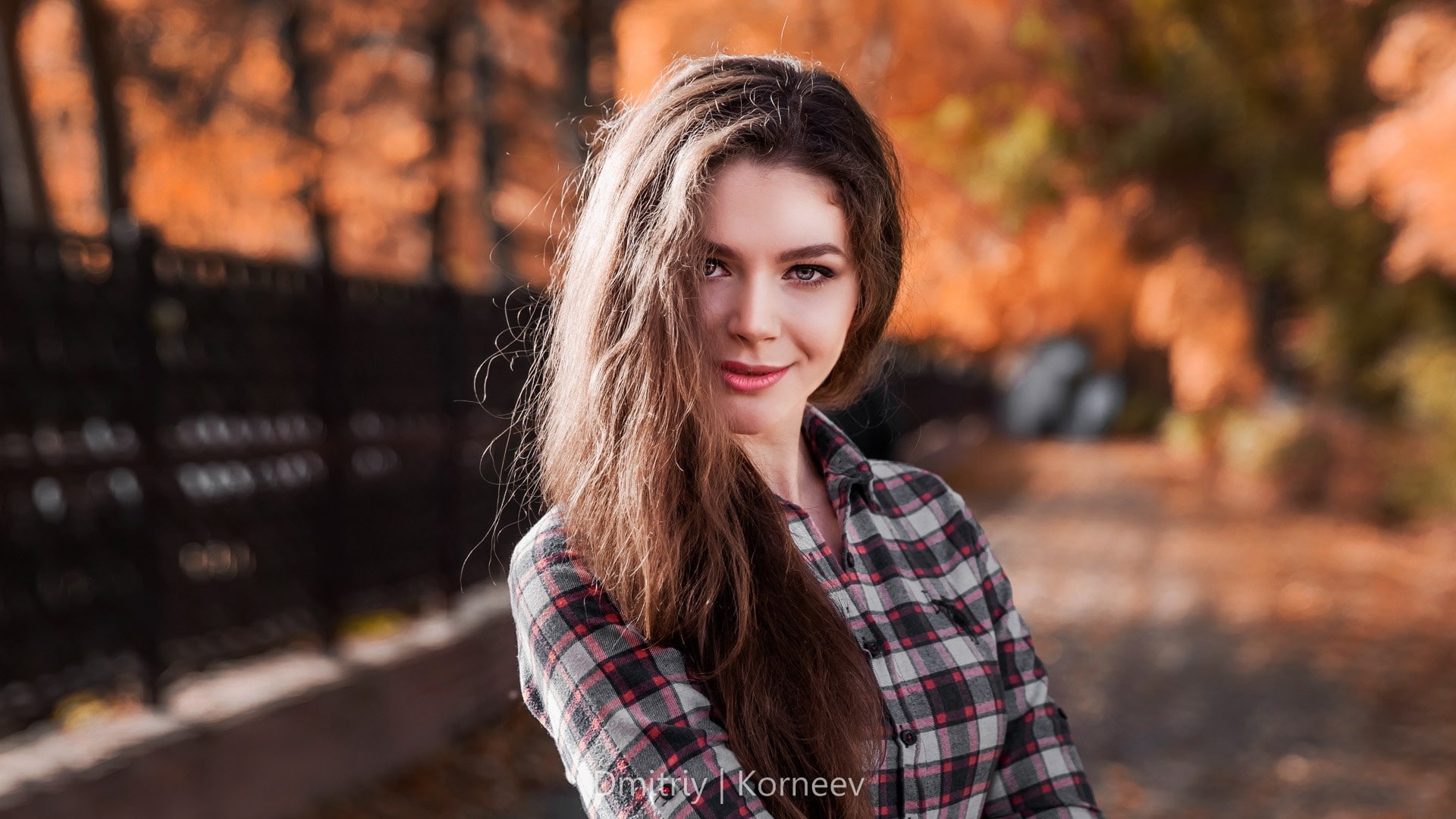 model, brunette, 1080P, shirt, women outdoors, portrait, women, looking at viewer, face, Dmitriy Korneev, long hair, depth of field, HD Wallpaper