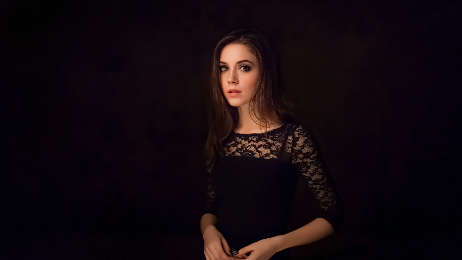 Dmitriy Korneev, black clothing, dress, makeup, long hair, simple background, Ksenia Kokoreva, 720P, women, brunette, looking at viewer, dark, HD Wallpaper