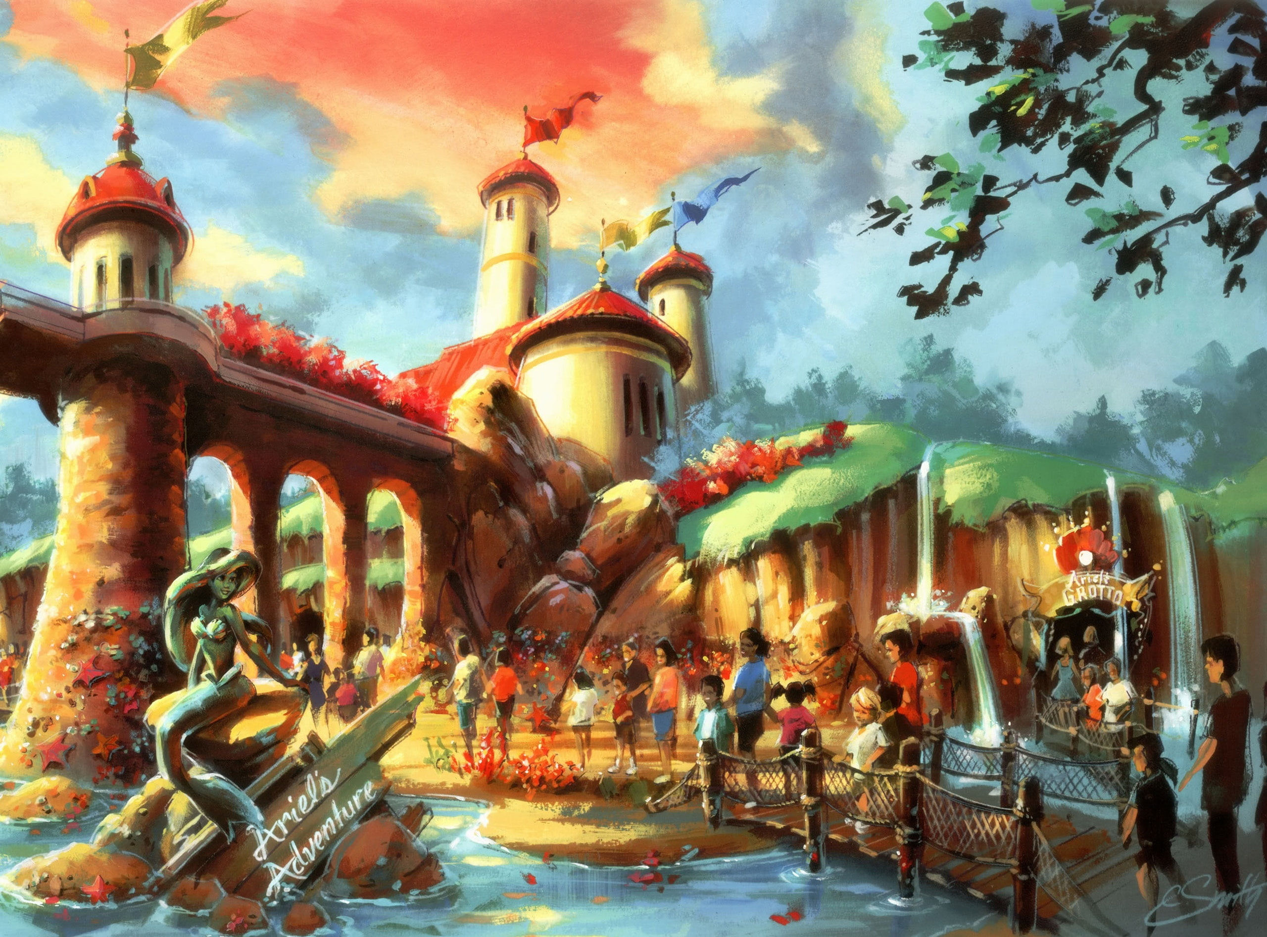 architecture, fountain, real people, cloud - sky, celebration, city, spraying, men, Cartoons, Fantasyland, building exterior, belief, outdoors, digital painting, HD Wallpaper