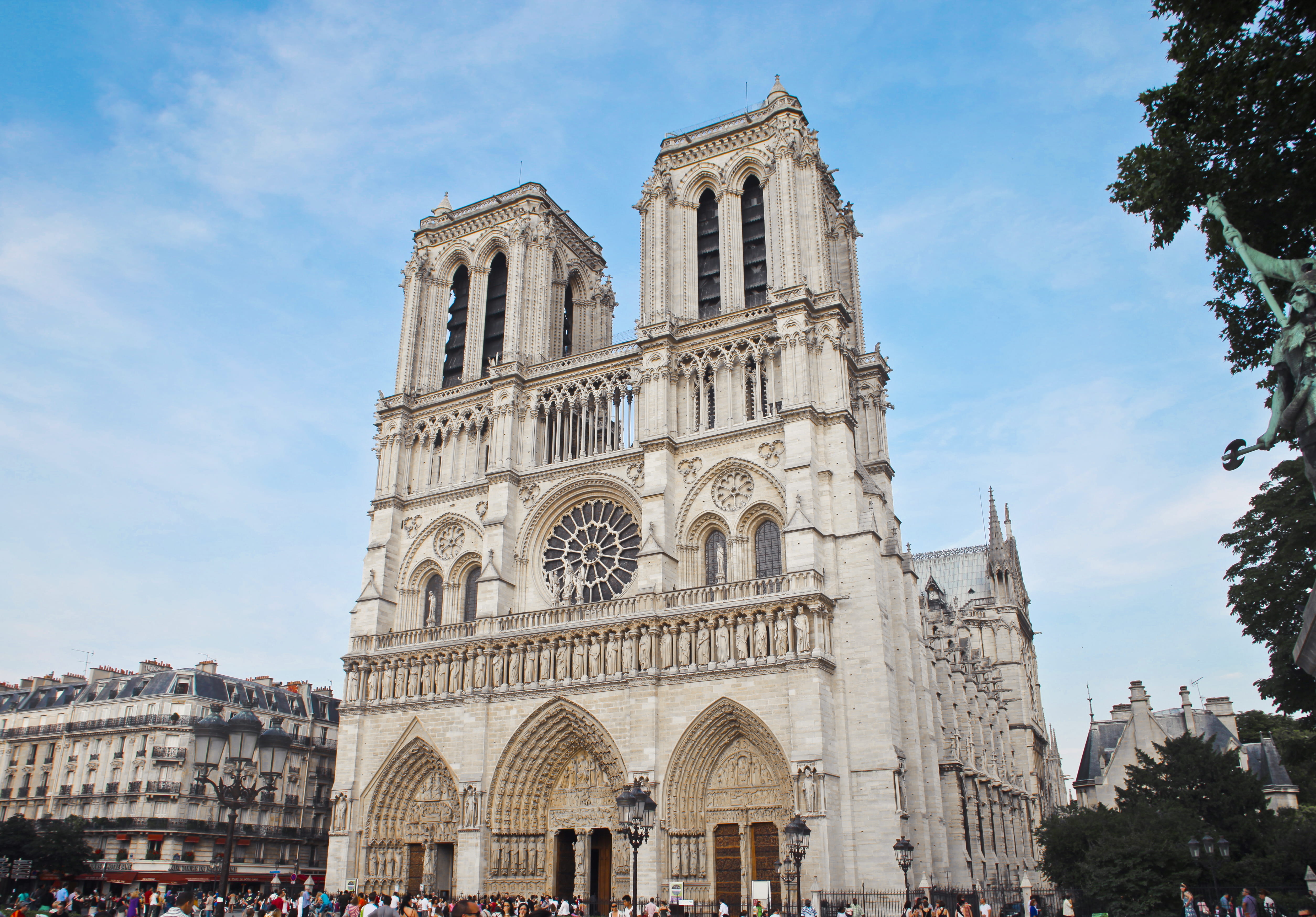 notre-dame de paris, church, landmark, low angle view, gothic, place of worship, building exterior, concrete, arch, built structure, 4K, europe, history, HD Wallpaper