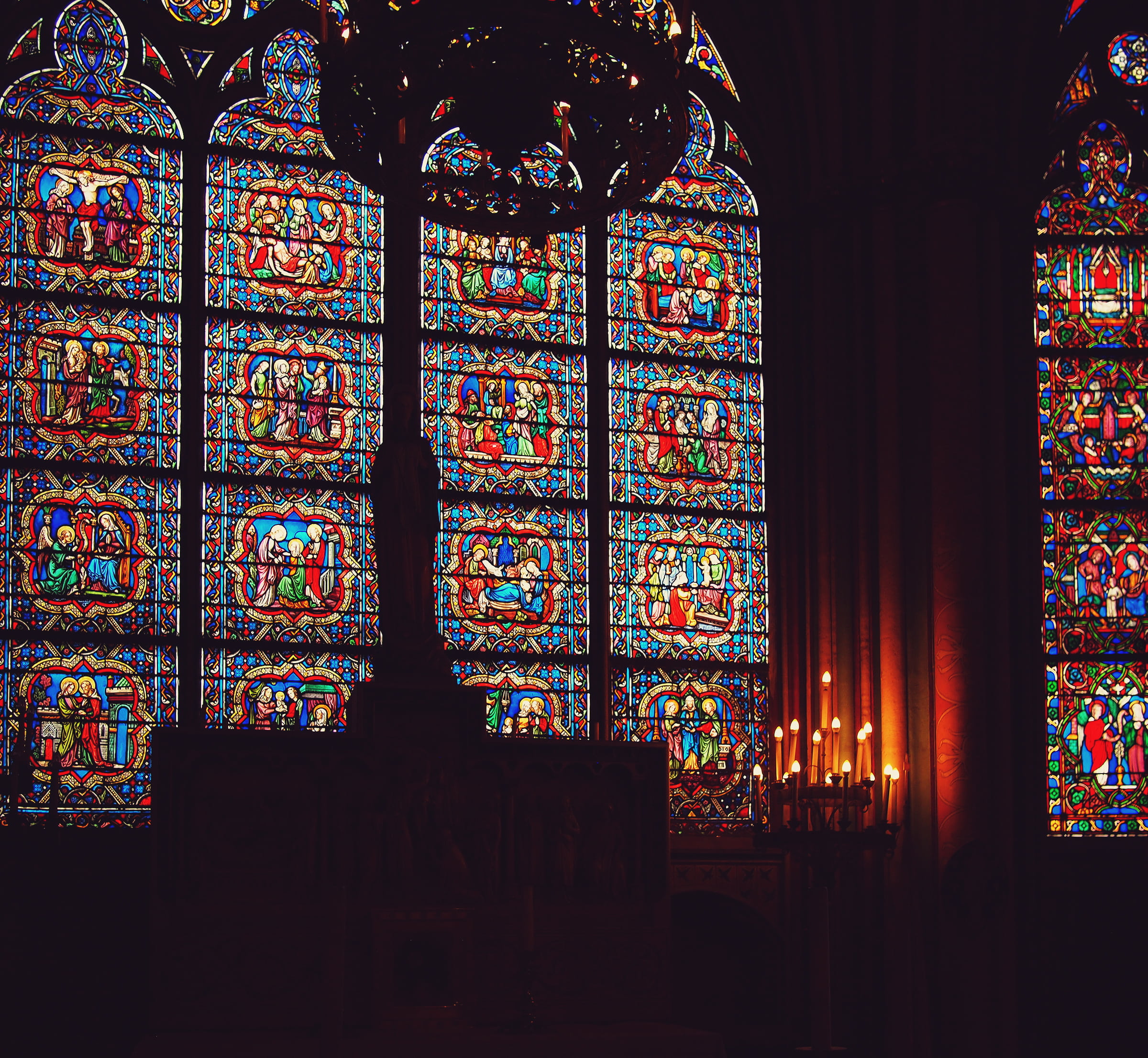 day, glass - material, 1080P, creativity, multi colored, building, France, indoors, candles, panels, place of worship, stained glass windows, window, belief, HD Wallpaper