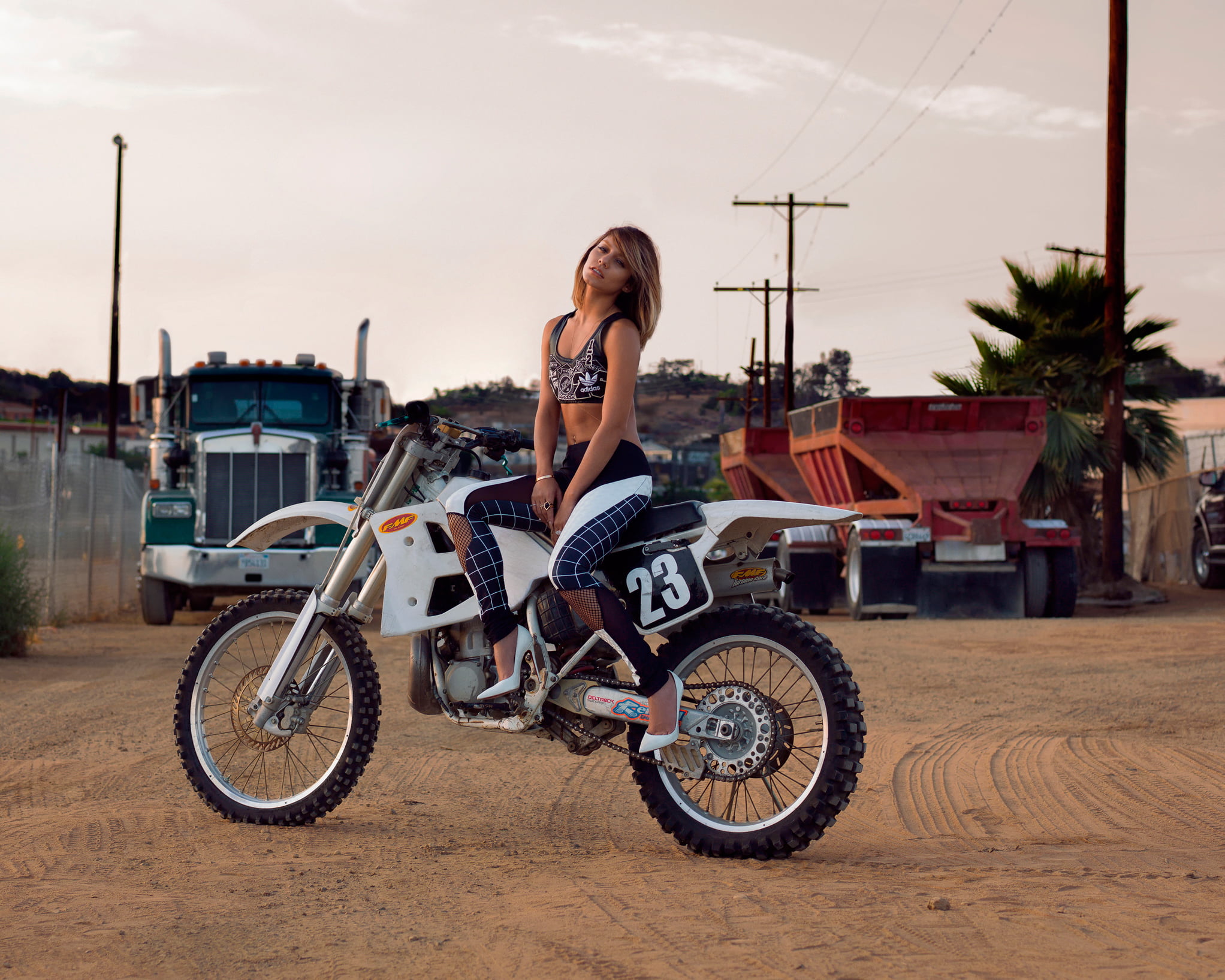 Flaunt, sky, Vanessa Hudgens, transportation, motocross, hairstyle, lifestyles, land vehicle, dirt, bike, portrait, road, 1080P, white, full length, nature, HD Wallpaper