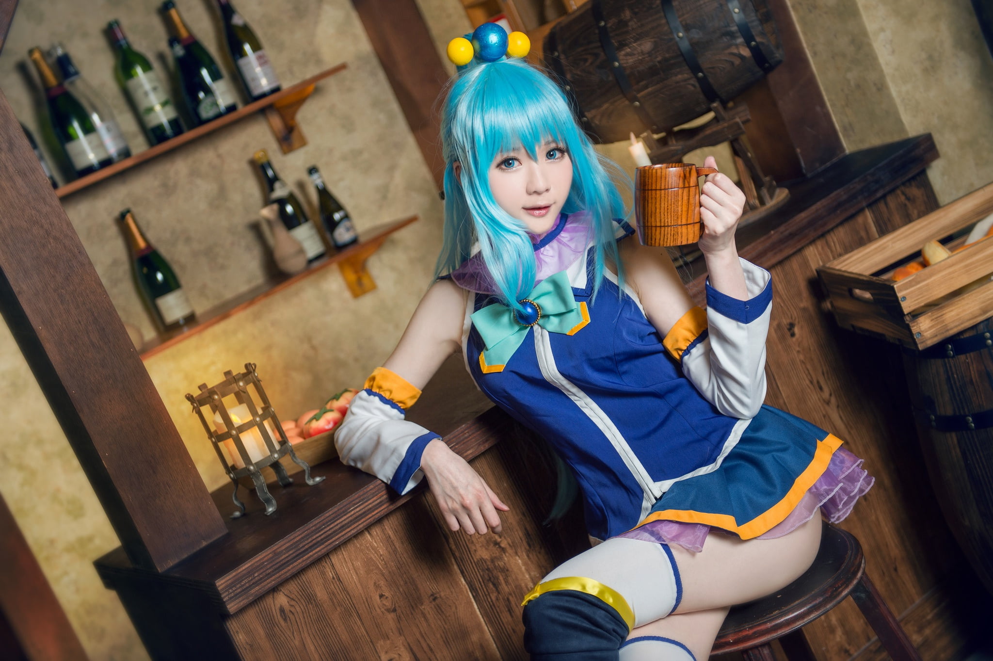 wall, pose, balls, shelves, hands, face, leaning, barrel, the room, bow, Asian, long-haired, box, mug, smile, blue dress, blue hair, stool, drinks, cutie, HD Wallpaper