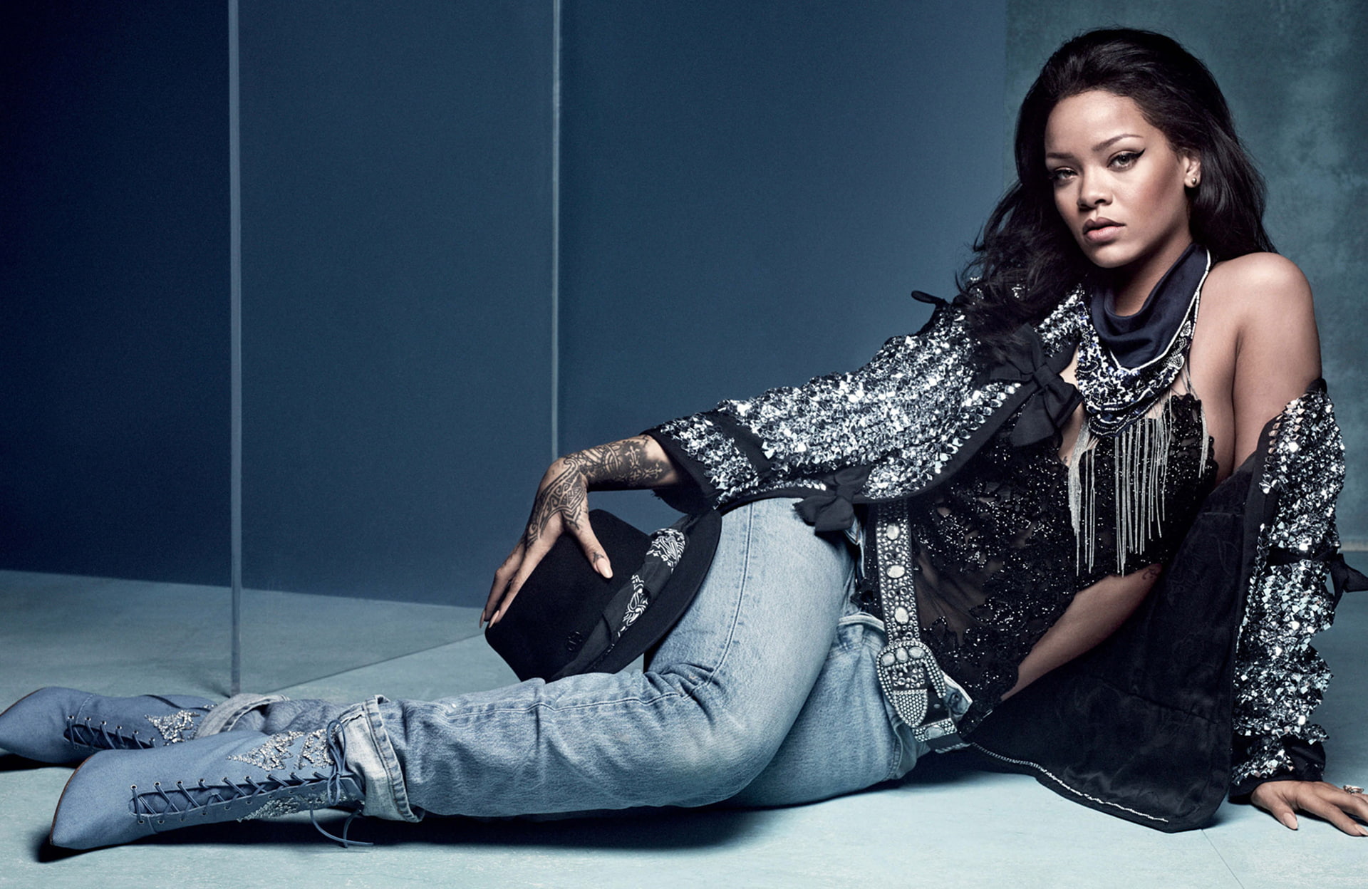 brunette, hat, actress, cowboy, Rihanna, 2016, model, mirror, boots, 1080P, Craig McDean, makeup, on the floor, sitting, jeans, singer, hairstyle, posing, HD Wallpaper