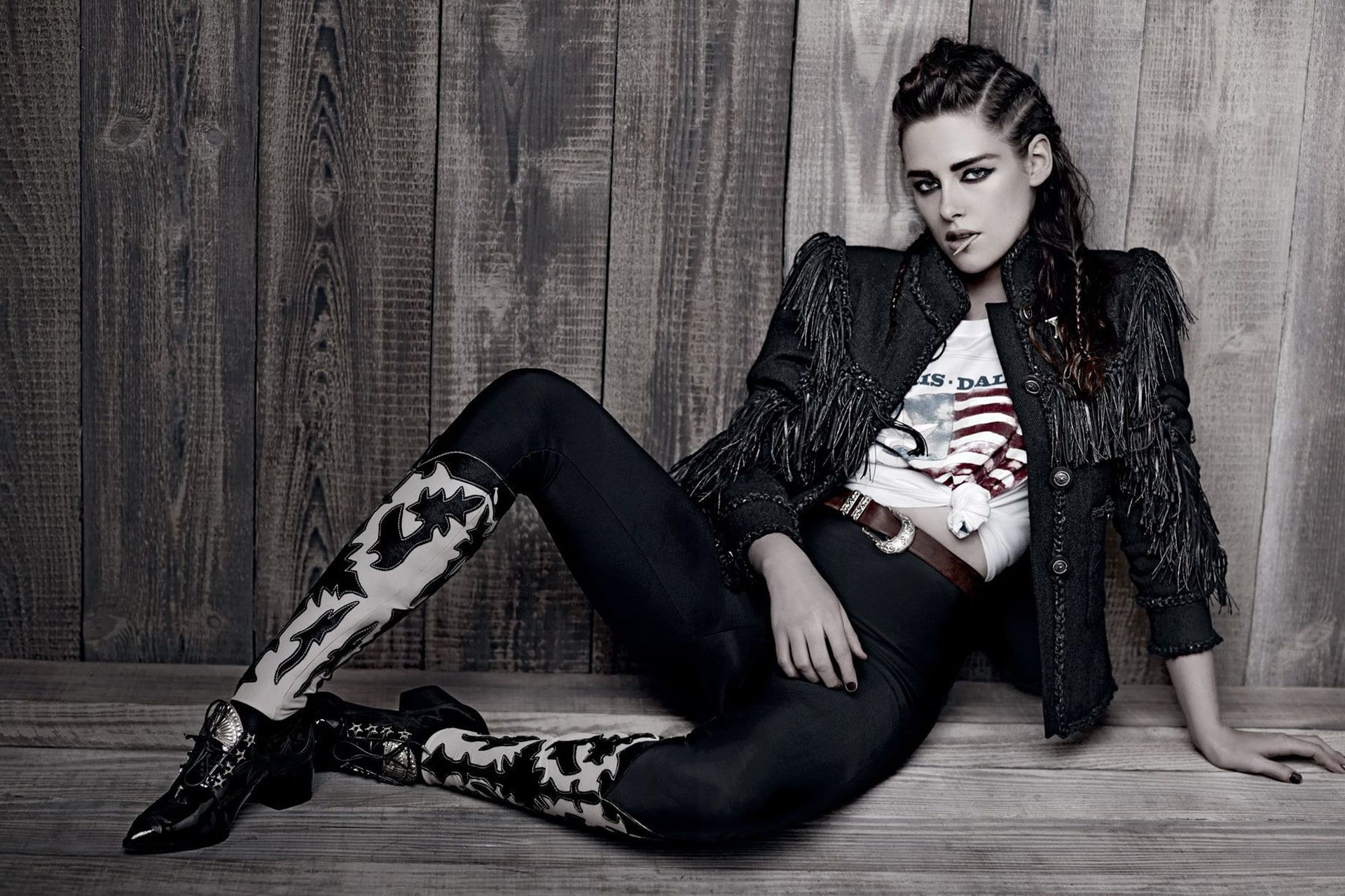 Chanel, Kristen Stewart, photographer, clothing, model, outfit, advertising, actress, Karl Lagerfeld, brunette, on the floor, brand, sitting, 1080P, Paris, HD Wallpaper