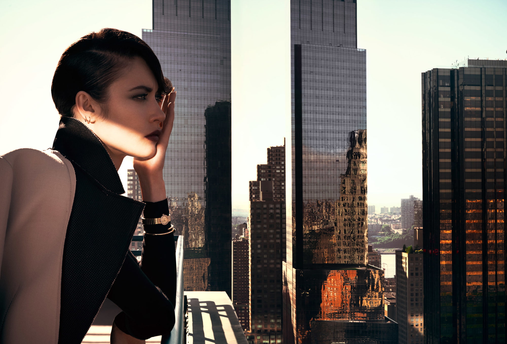 model, journal, balcony, profile, 1080P, Vanity Fair, glass, skyscrapers, the city, photoshoot, Olga Kurylenko, actress, hairstyle, Michelangelo di Battista, HD Wallpaper