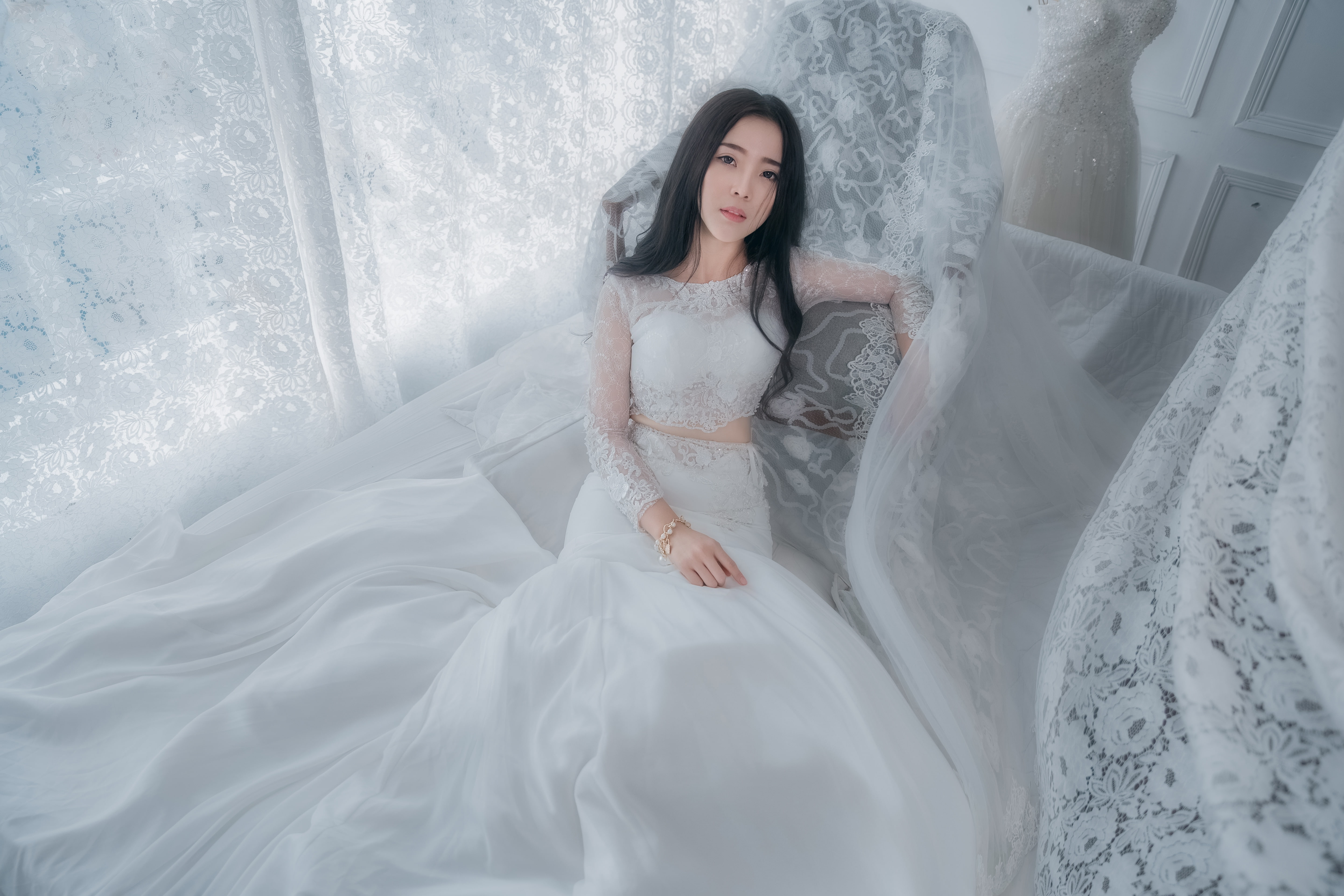 Asian, window, hem, tulle, girl, the bride, hands, fabric, face, pose, curtains, wedding dress, lace, luxury, light background, style, white, bracelet, HD Wallpaper