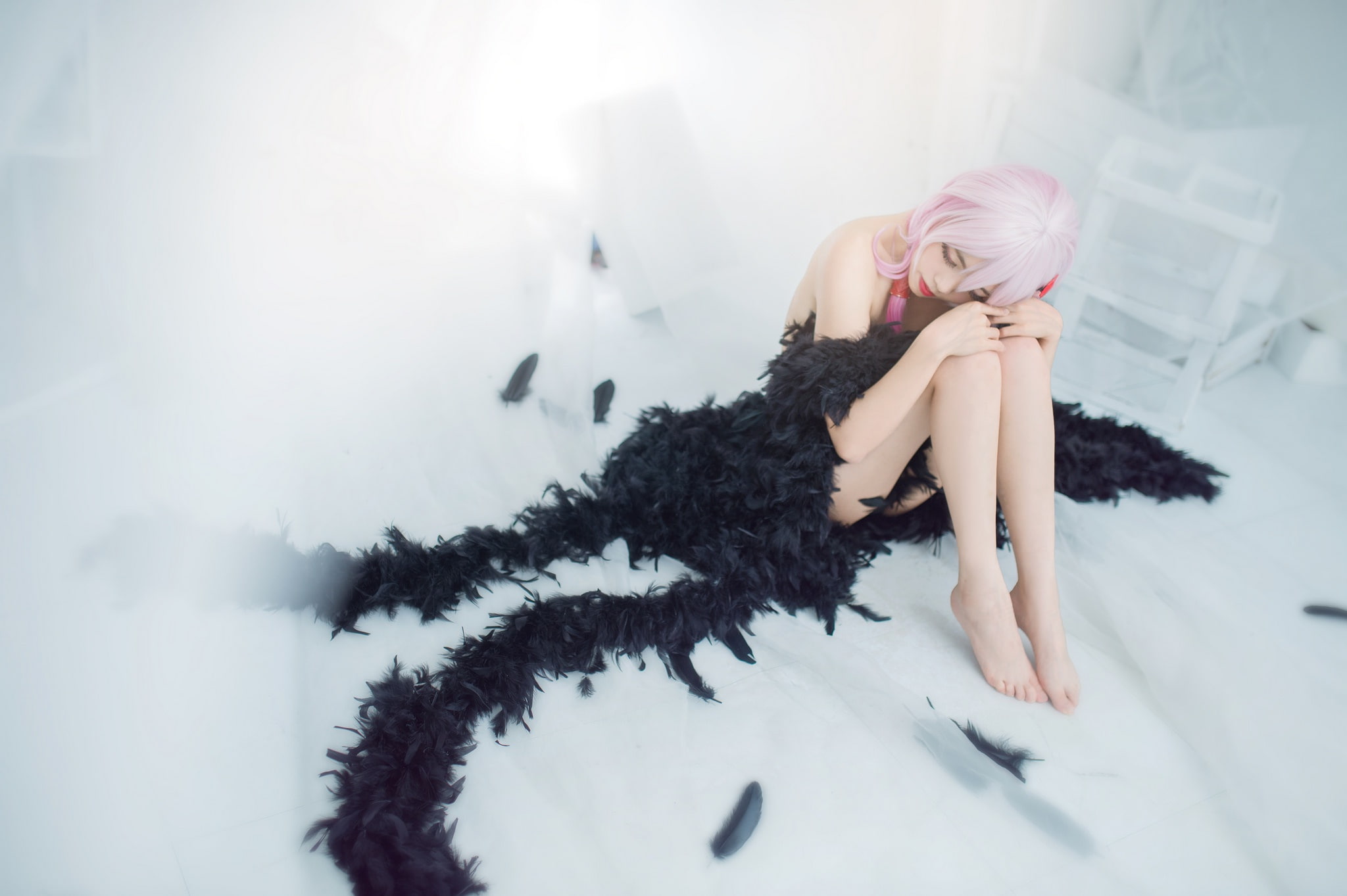 fur, sadness, face, feathers, space, image, black, hands, mood, bangs, light background, furniture, window, loneliness, blonde, light, Asian, his head bowed, HD Wallpaper
