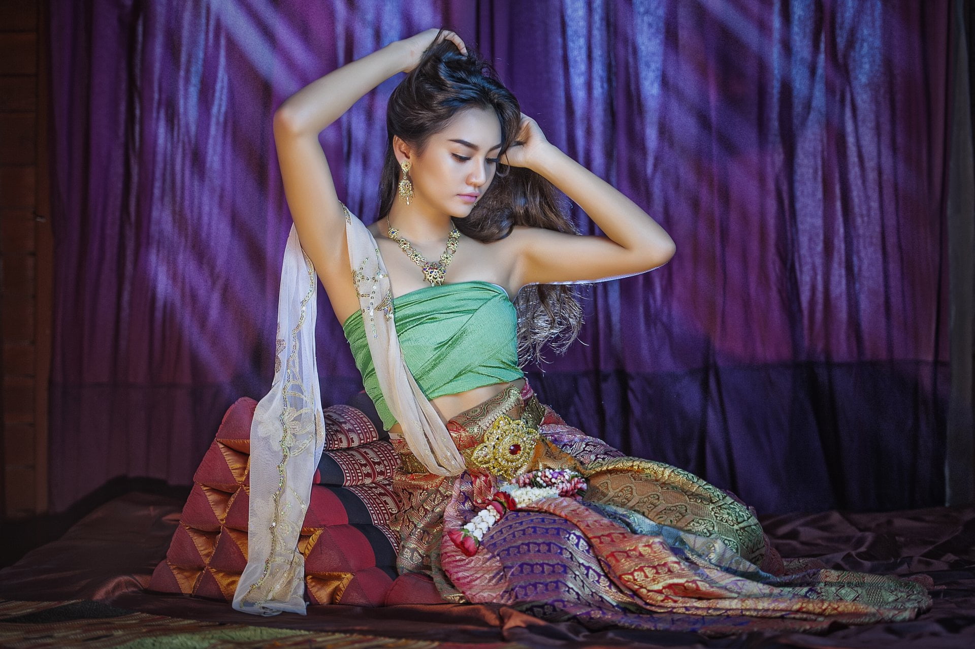Thai, one person, Skirt, sitting, fashion, Traditional Costume, hairstyle, Oriental, Necklace, 1080P, beauty, adult, Thailand, full length, indoors, purple, HD Wallpaper