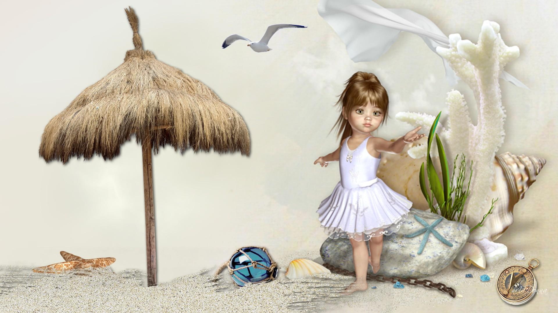 birds, dance, seashore, ballerina, curtain, umbrella, girl, drape, cute, beach, chain, child, sea shells, dancer, 1080P, pixie, HD Wallpaper