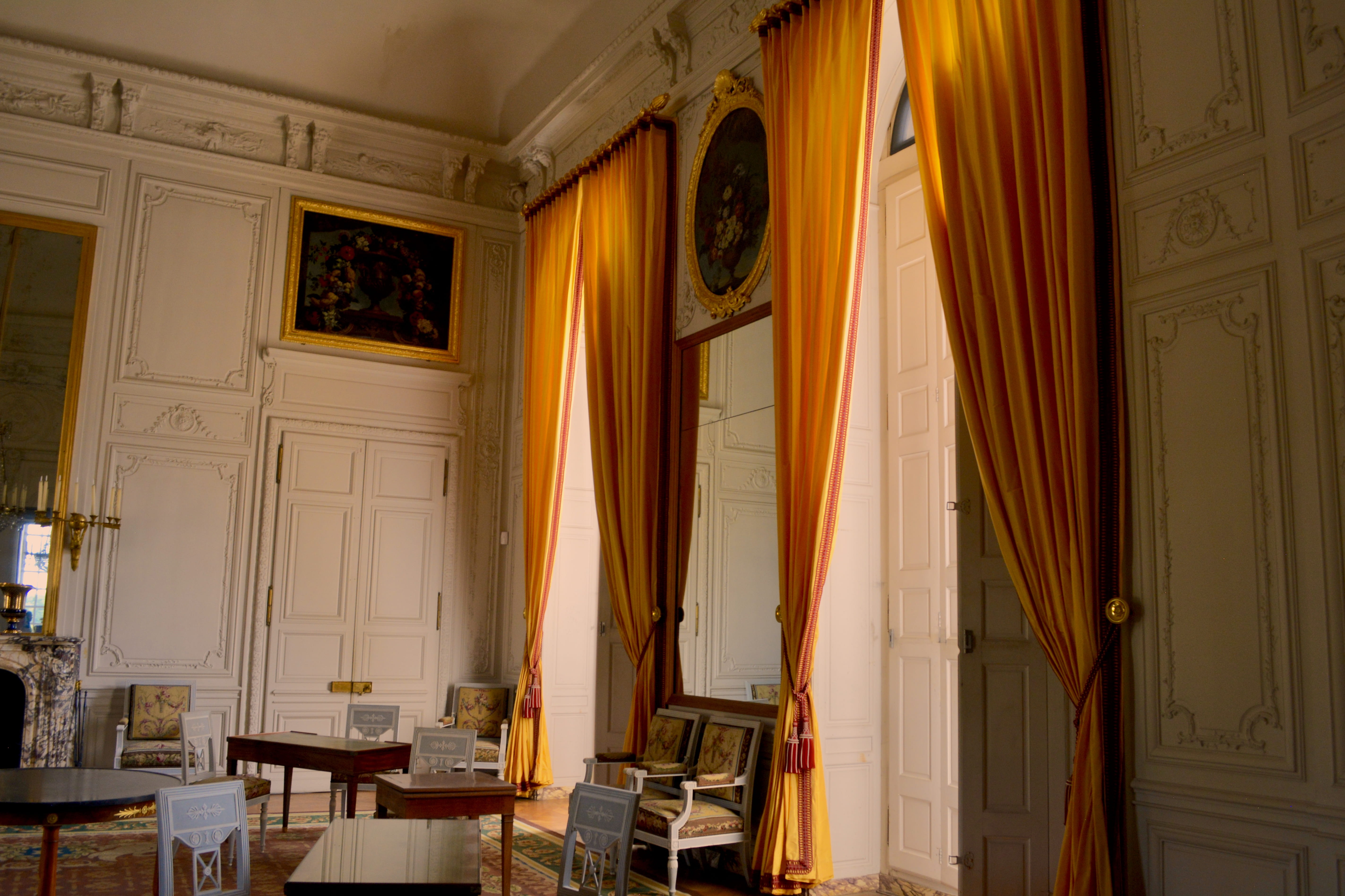curtain, wall - building feature, france, jenna beekhuis, home interior, fireplace, orange, interior design, absence, table, curtains, frame, white, built structure, HD Wallpaper