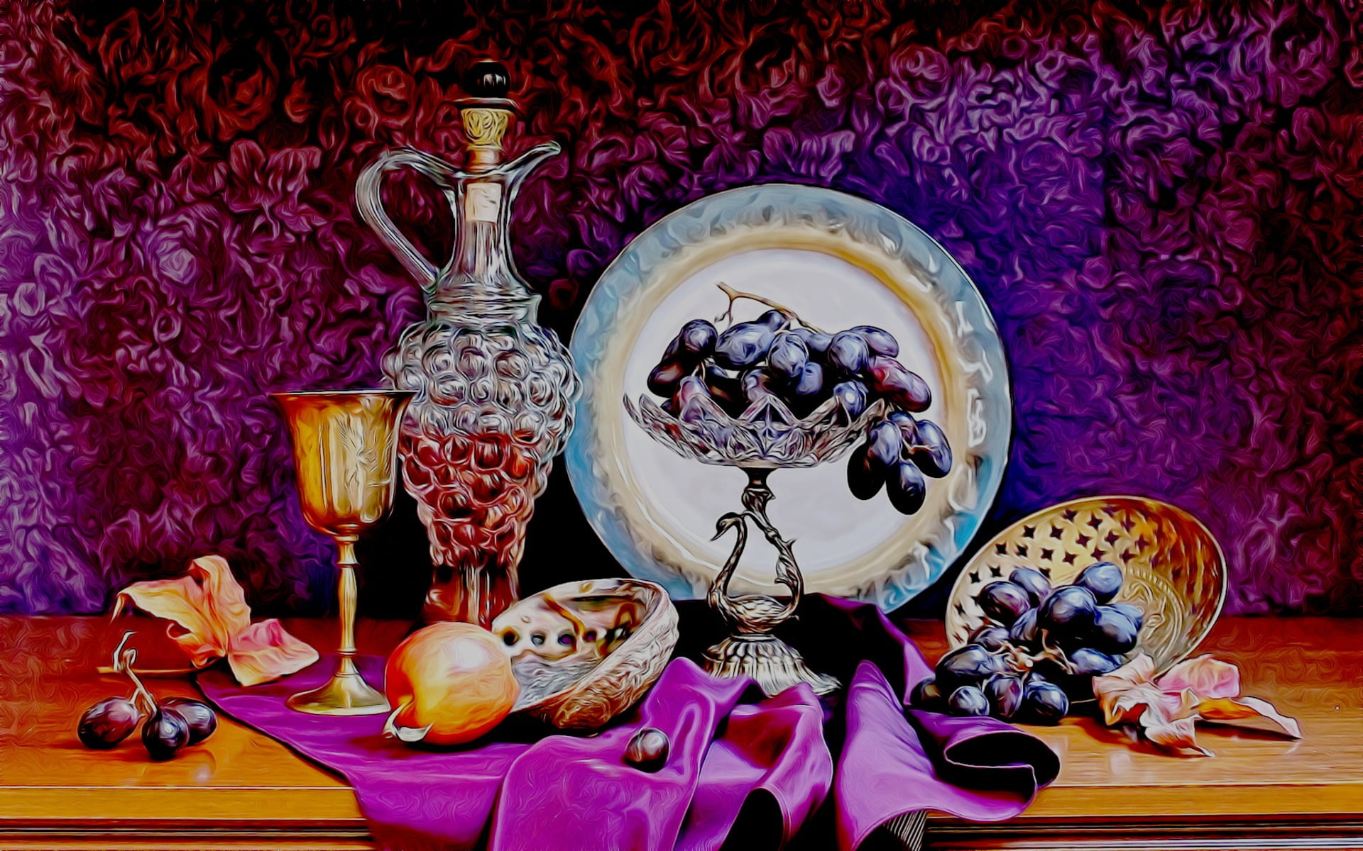 1080P, crystal, pitcher, rendering, picture, vase with fruit, grapes, glass, drape, still life, silver, silk fabric, HD Wallpaper