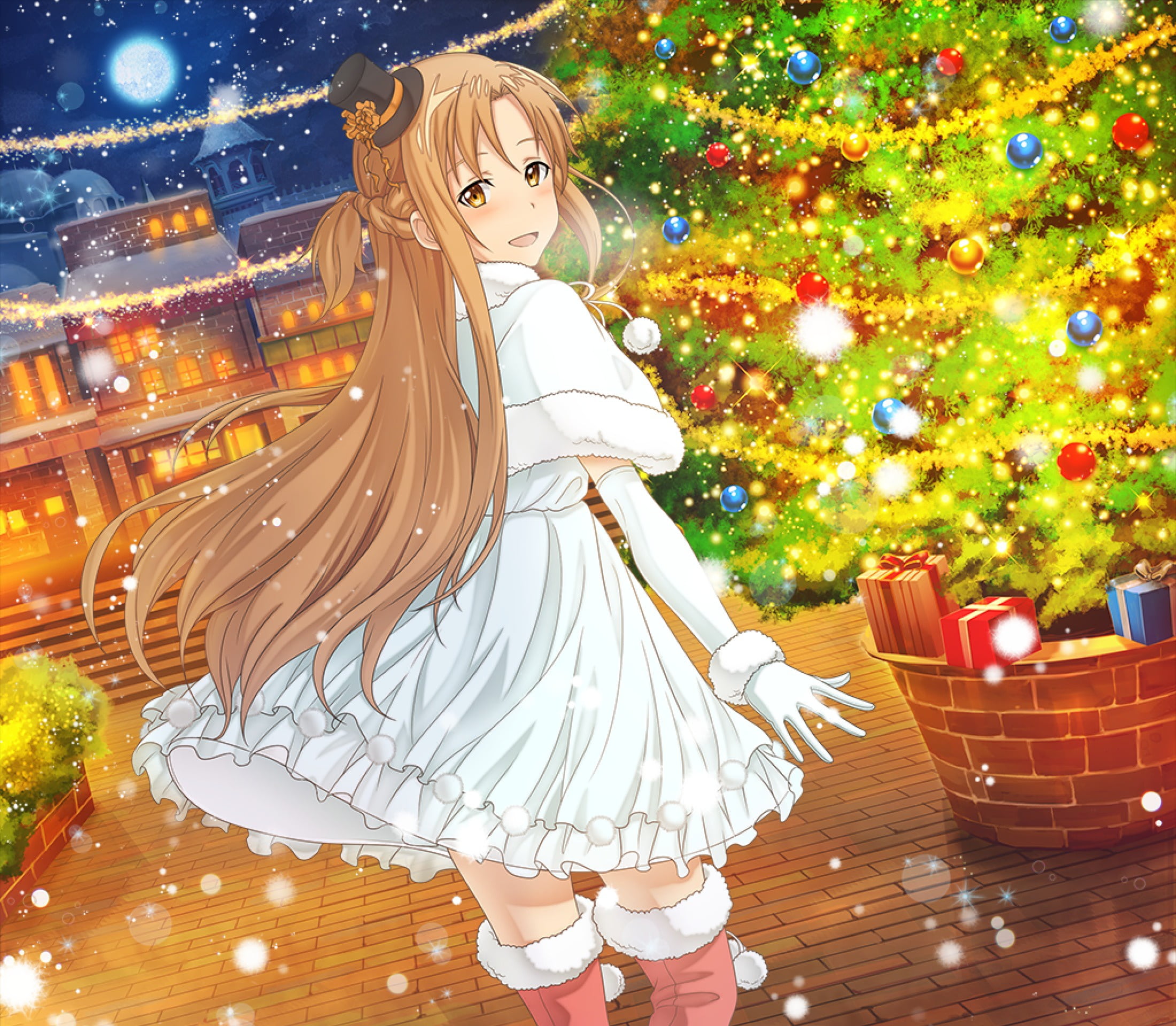 evening city, gifts, white dress, long hair, the light in the Windows, Yuuki Asuna, 1080P, drape, Christmas tree, sideways, Sword Art Online, white fur, HD Wallpaper