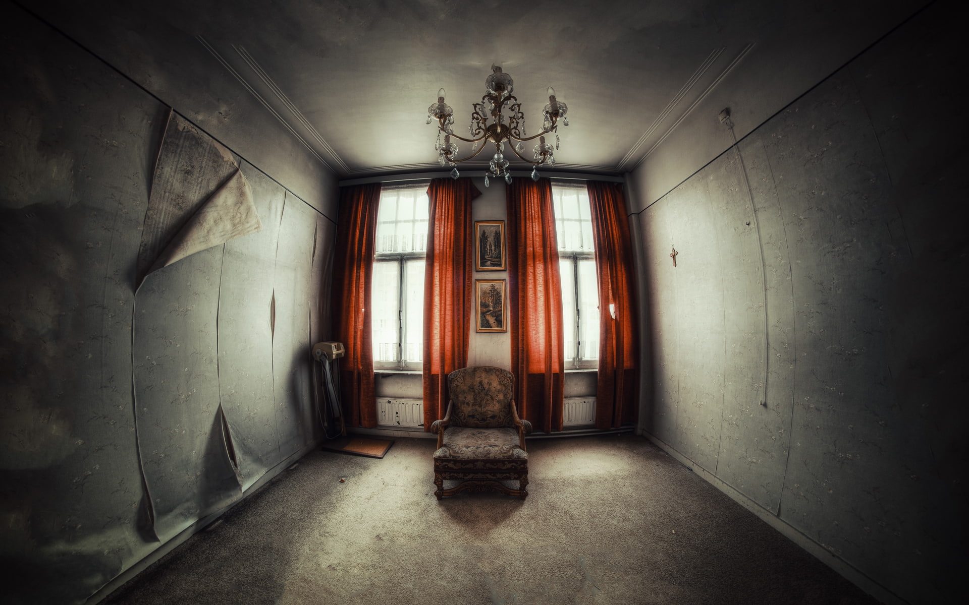 urban, furniture, sunlight, gothic, chandelier, scary, abandonment, spooky, horror, 1080P, mood, light, ruin, chair, decay, window, drapes, drak, creepy, HD Wallpaper
