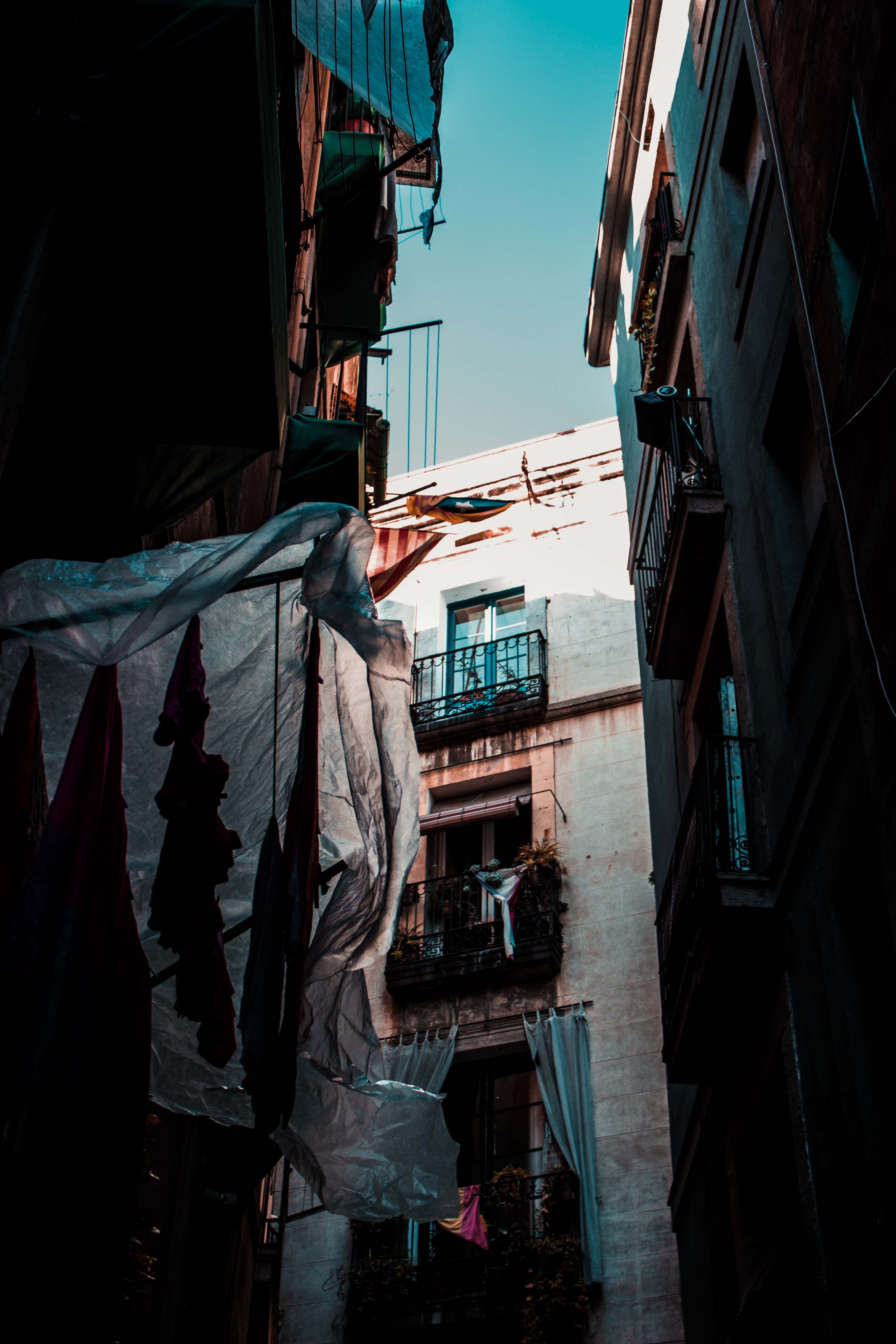 sky, building, alley, no people, building exterior, hanging, residential district, low angle view, surrounding, balcony, nature, city, home, spain, dwelling, Phone HD Wallpaper