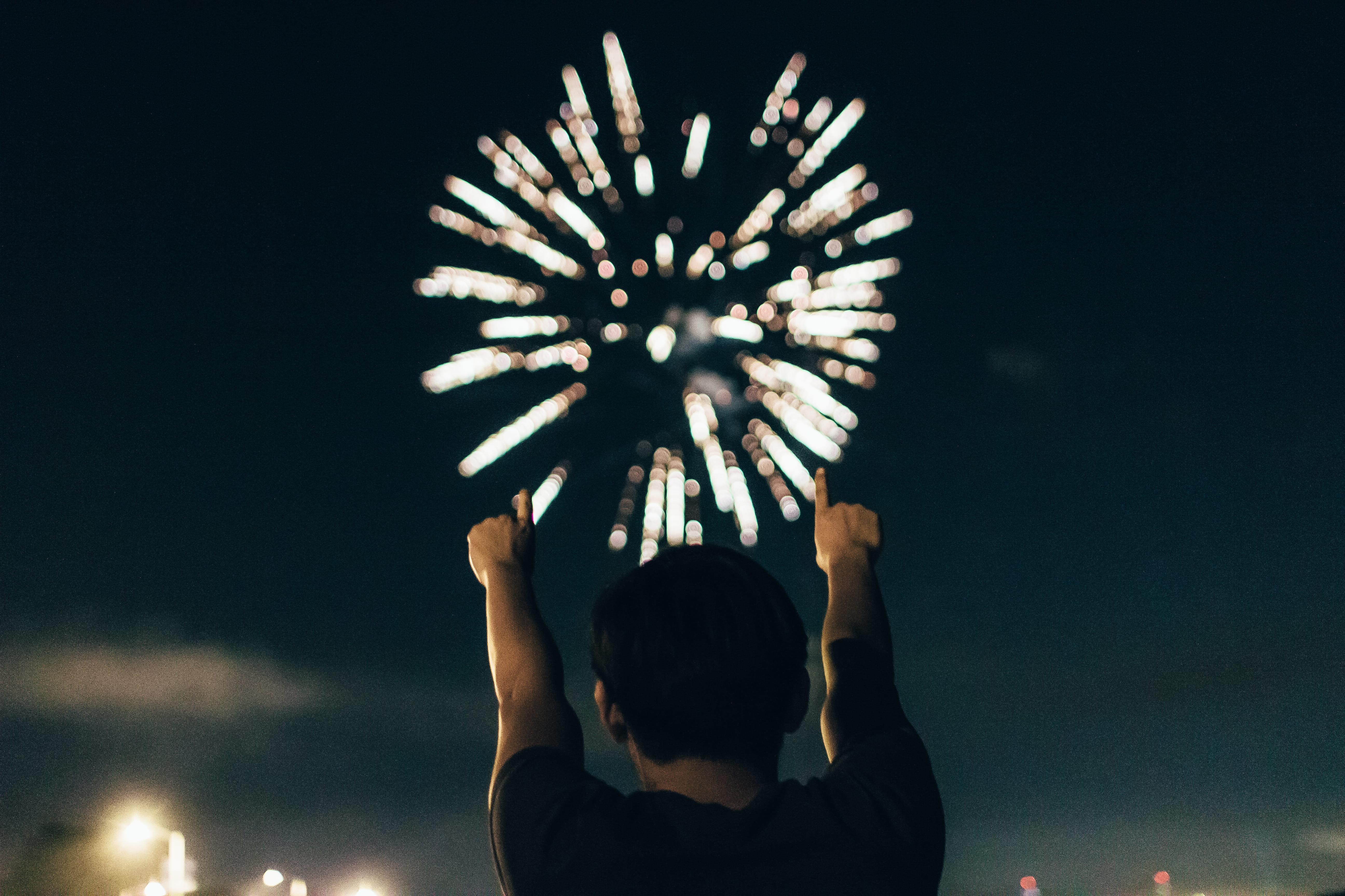 top, celebration, human arm, arts culture and entertainment, fireworks, arms raised, excitement, rear view, illuminated, skies, pointing, watching, fireworks display, HD Wallpaper
