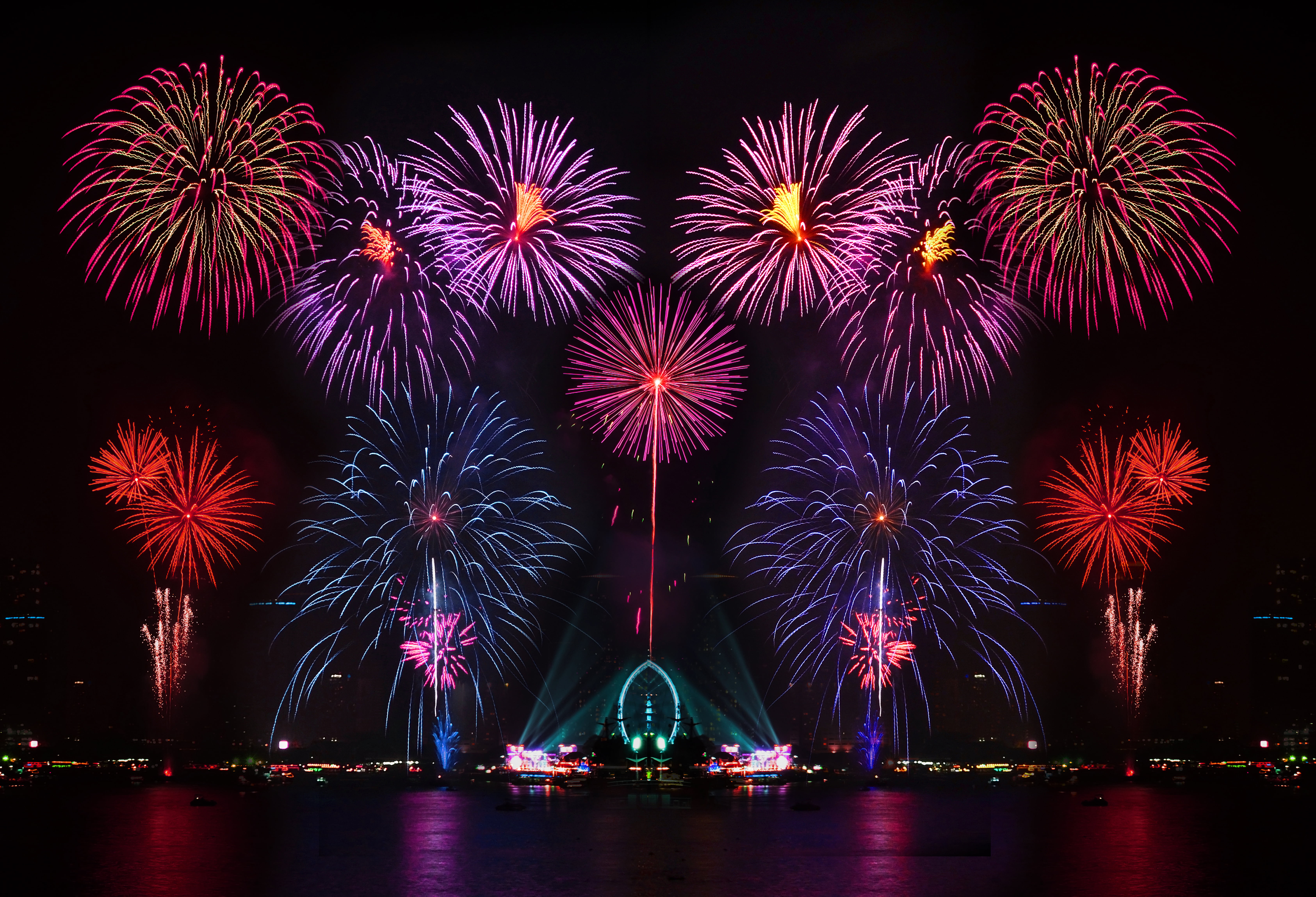 red, motion, new Year, building exterior, firework, colorful, illuminated, no people, cityscape, party - Social Event, colors, vibrant Color, built structure, HD Wallpaper