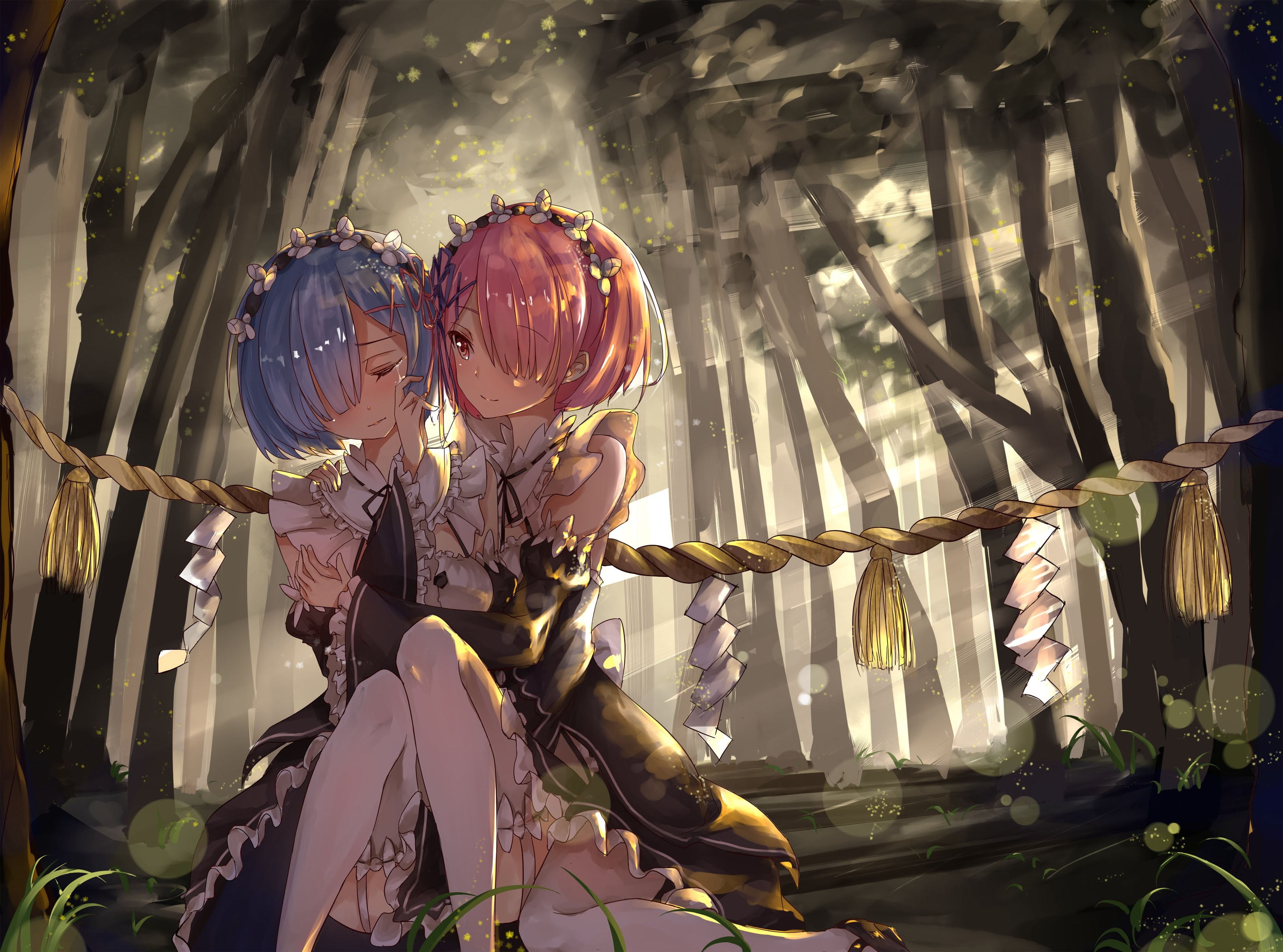 plant part, two, low angle view, maid, haired, three quarter length, flowering plant, blue hair, Ram (Re: Zero), pink eyes, Re:Zero Kara Hajimeru Isekai Seikatsu, HD Wallpaper