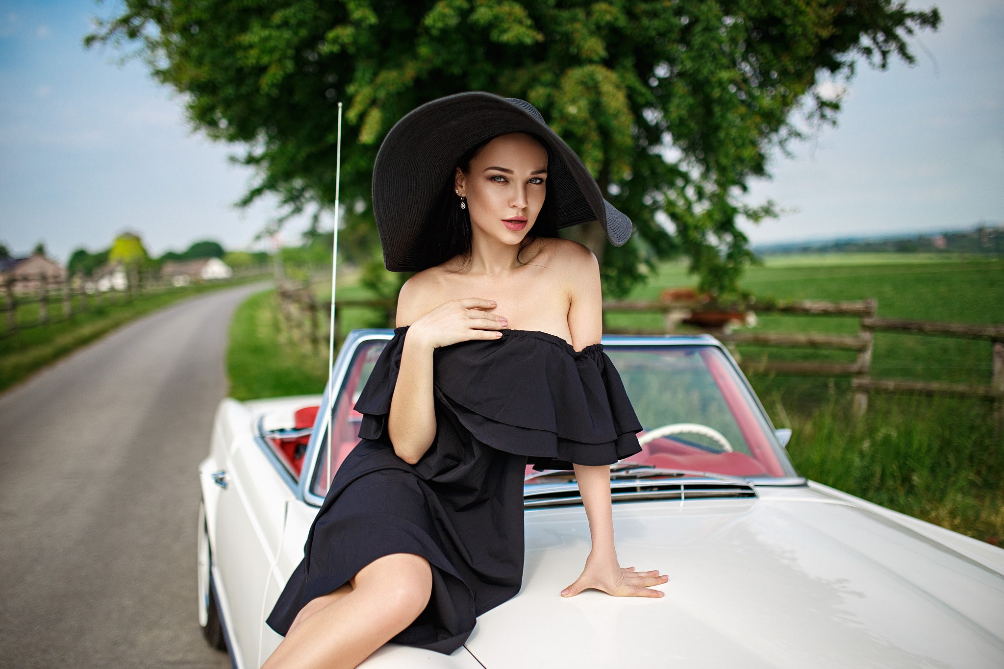 young women, focus on foreground, fashion, mode of transportation, 1080P, clothing, black dress, leisure activity, hat, full length, adult, portrait, one person, HD Wallpaper