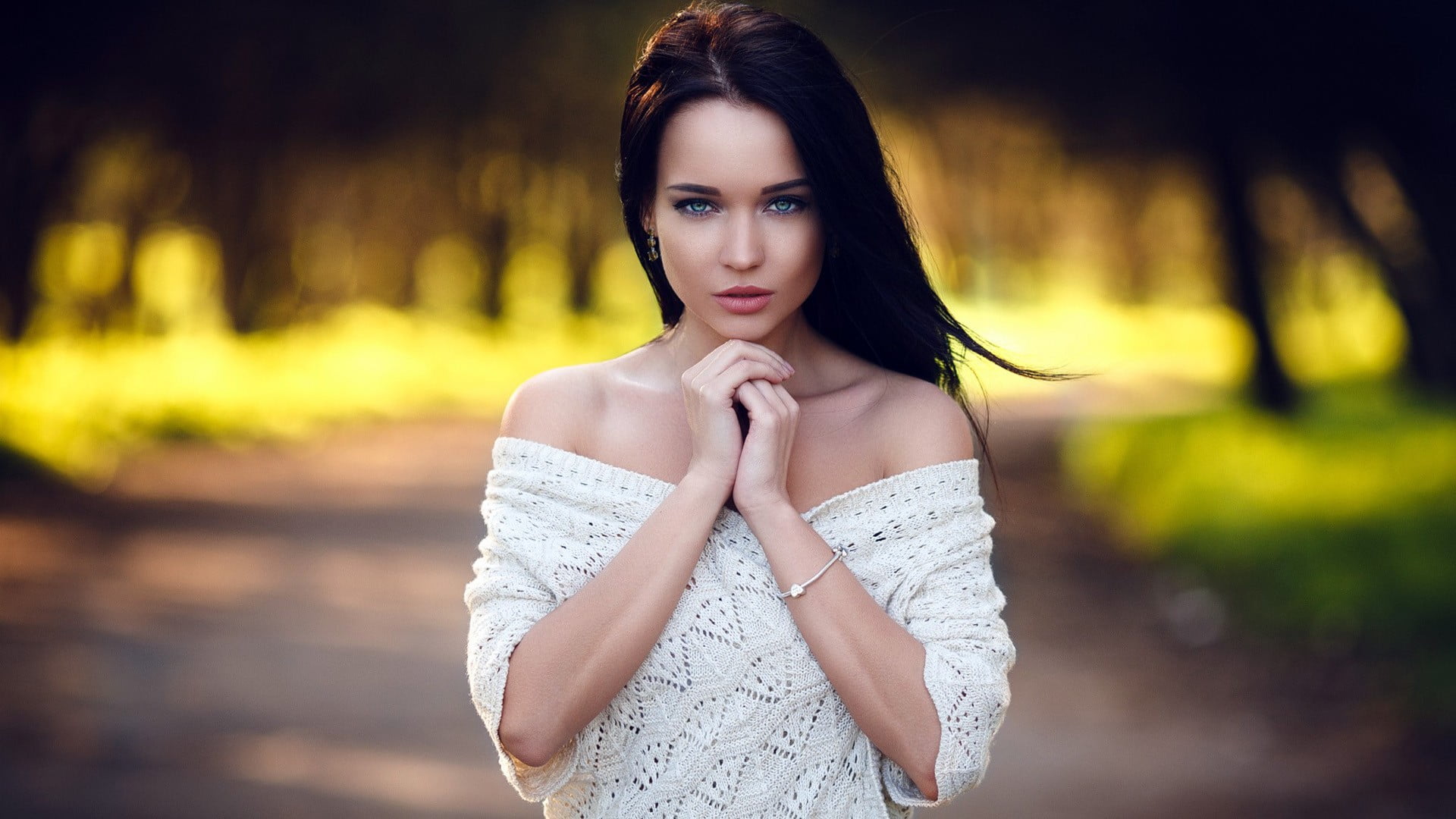 contemplation, 1080P, fashion, brunette, beautiful woman, blue eyes, Denis Petrov, looking at camera, beauty, white clothing, bare shoulders, photography, HD Wallpaper