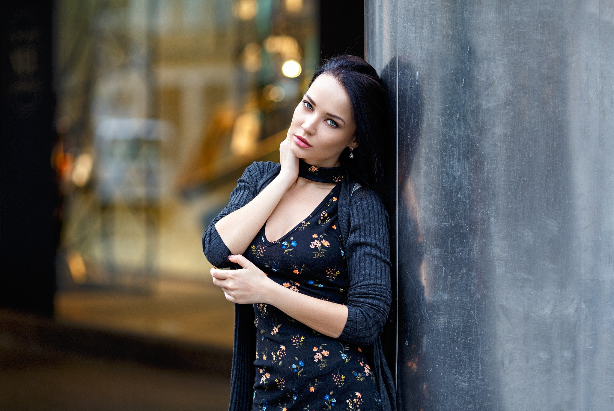 one person, women, focus on foreground, depth of field, contemplation, young women, Angelina Petrova, face, long hair, standing, hair, cleavage, 1080P, HD Wallpaper