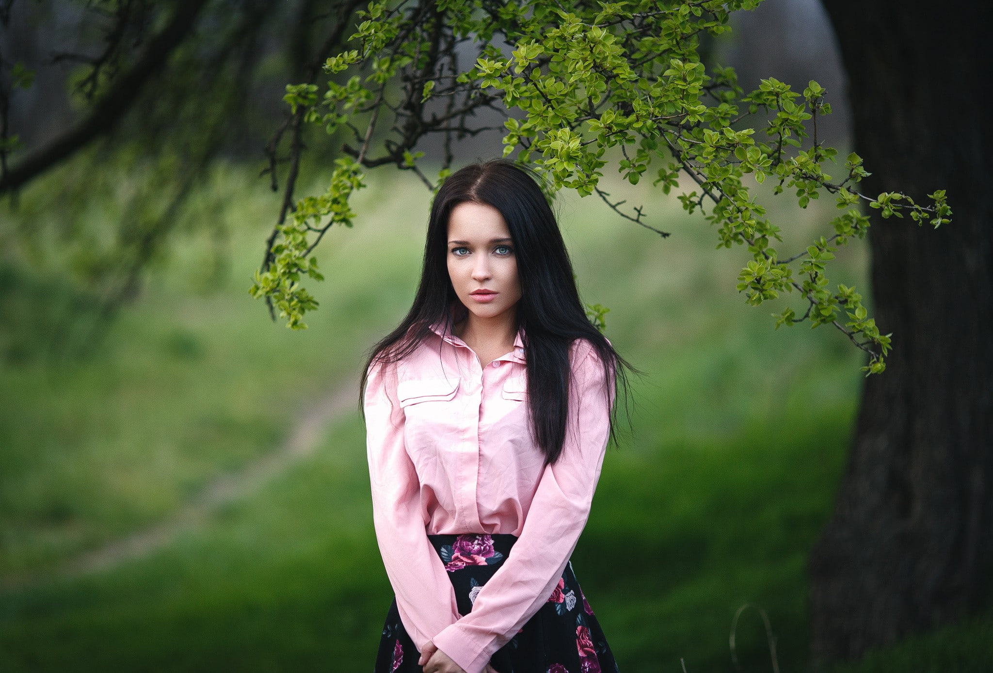 skirt, long hair, women, trees, photography, model, pink shirt, depth of field, 1080P, brunette, nature, blouses, Denis Petrov, women outdoors, leaves, HD Wallpaper