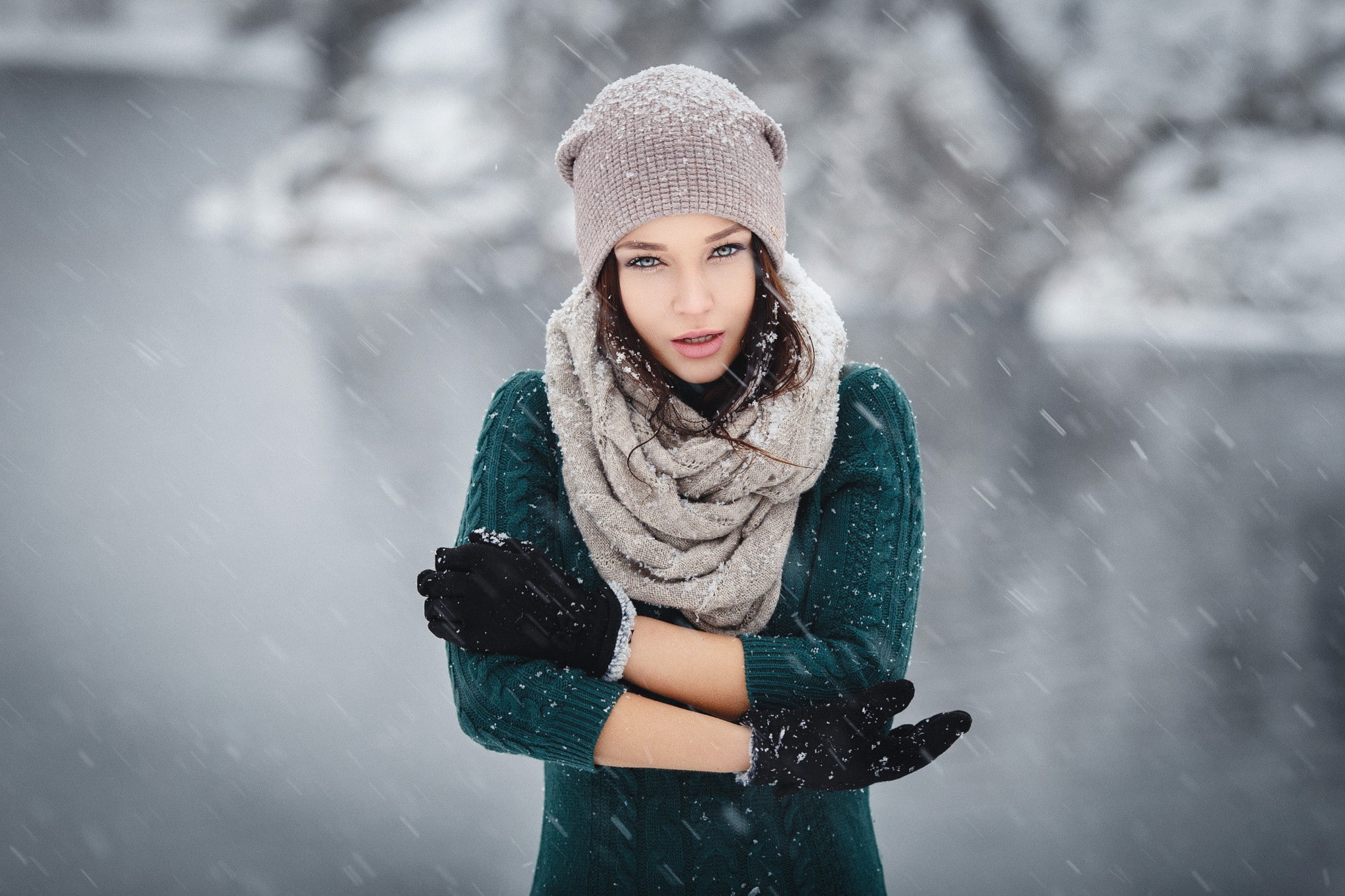 sweater, model, brunette, snow, portrait, women, Angelina Petrova, women outdoors, black gloves, beanie, scarf, winter, knit hat, Denis Petrov, depth of field, HD Wallpaper