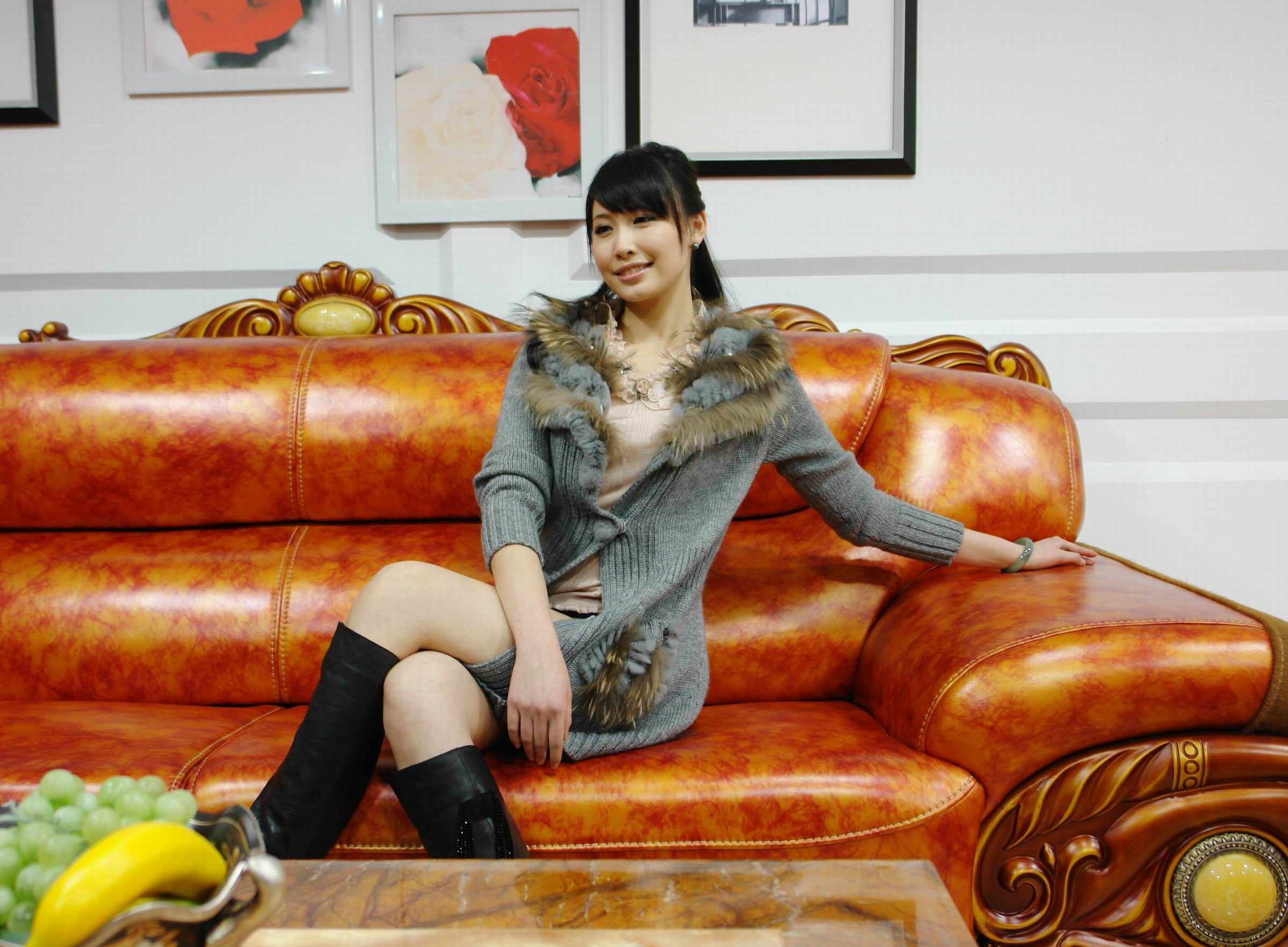 looking away, Chinese, knee-high boots, couch, legs crossed, 1080P, sitting, women, brunette, Miss World, smiling, black hair, Diana Xu, Asian, HD Wallpaper