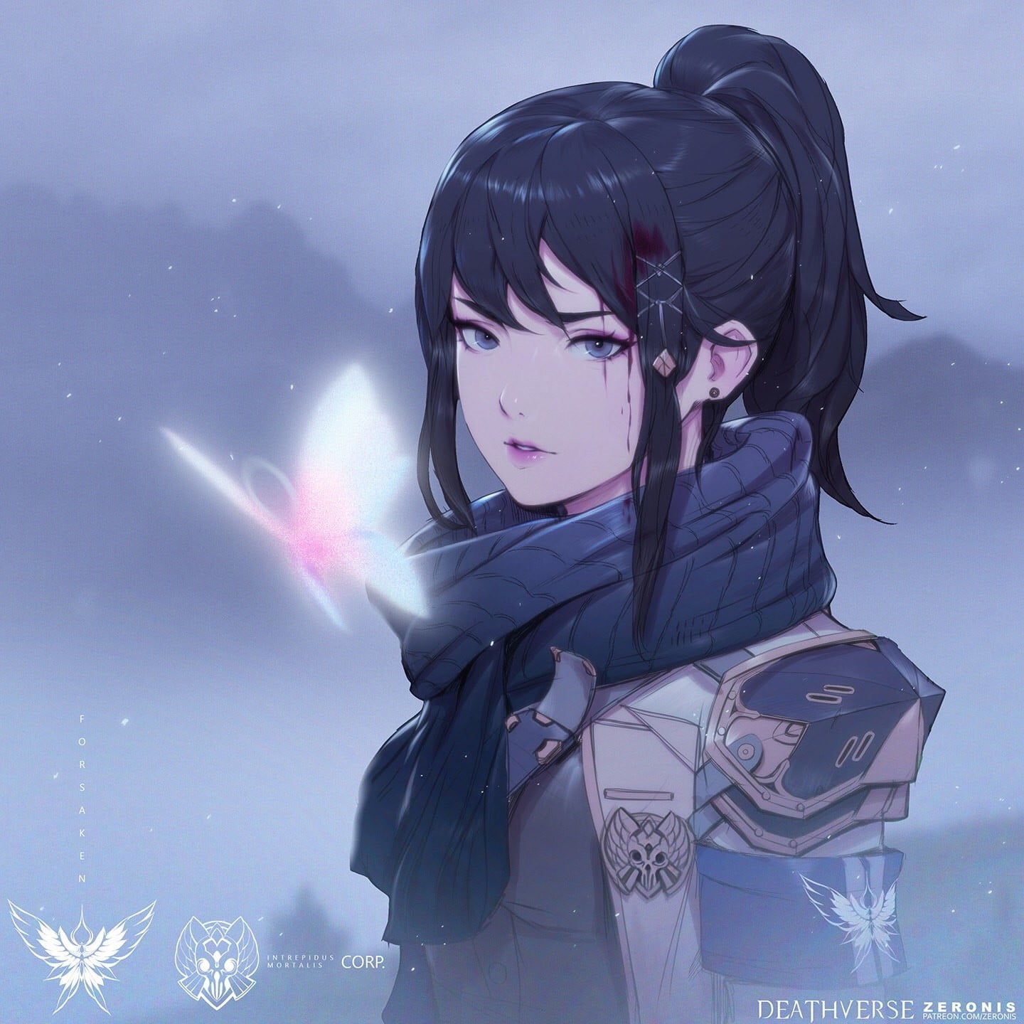 violet eyes, women, Zeronis, anime girls, butterfly, 720P, blood, concept art, digital, looking at viewer, Phone HD Wallpaper