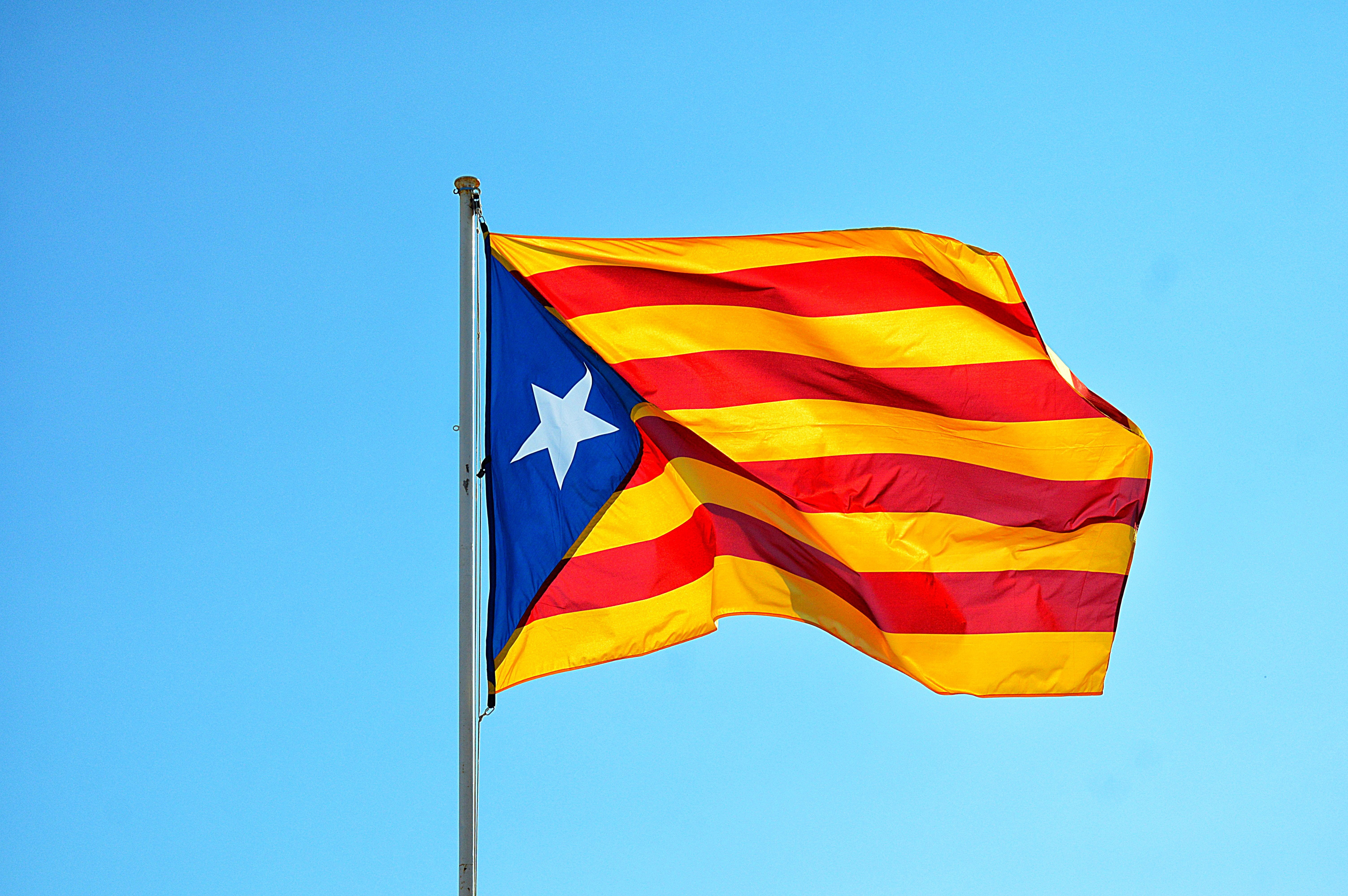 sky, flag, yellow, day, outdoors, no people, wind, blue background, striped, catalan countries, pole, country, environment, spain, independence of catalonia, HD Wallpaper