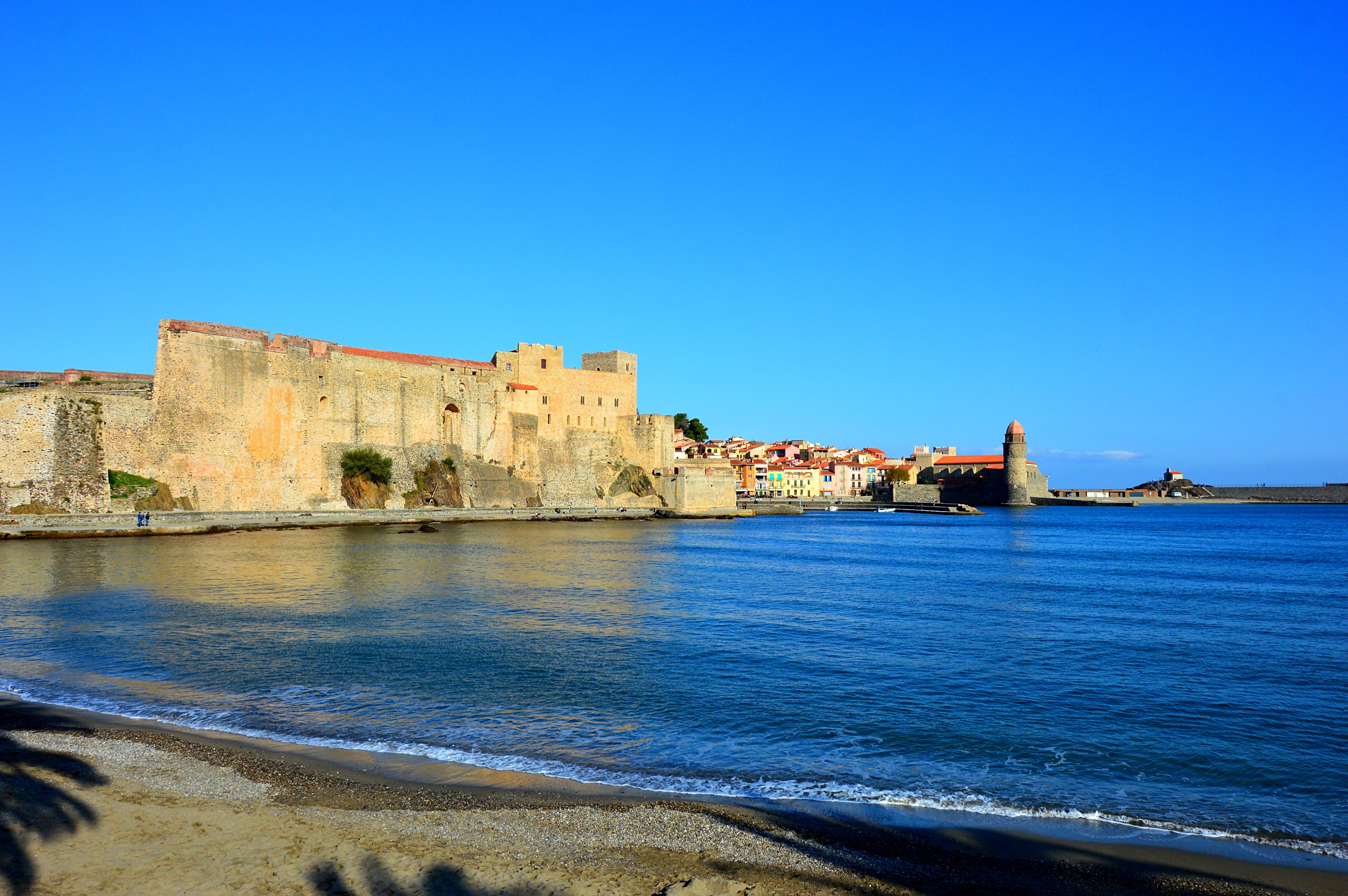 building, fort, 5K, travel destinations, architecture, blue, water, building exterior, outdoors, the past, built structure, collioure, mediterranean, france, HD Wallpaper