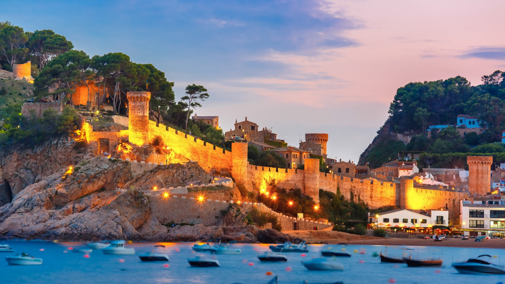 no people, building, cloud - sky, boats, castle, coast, sky, outdoors, catalonia, travel, water, sunset, fort, castell de tossa, architecture, tourism, HD Wallpaper