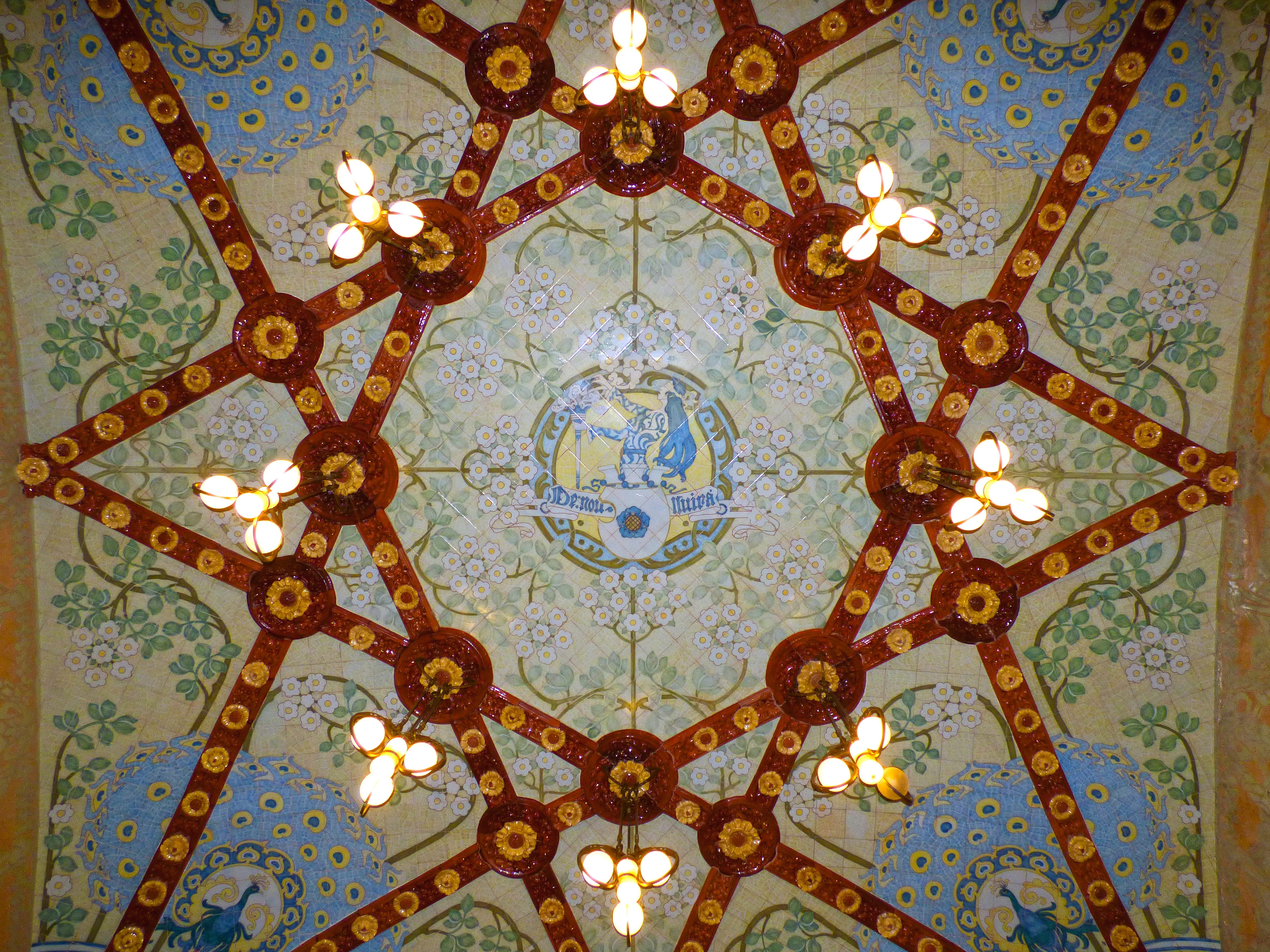 4K, architecture, cupola, illuminated, Ceramic, domènech i montaner, built structure, mural, pattern, indoors, art noveau, design, light, building, Lights, HD Wallpaper