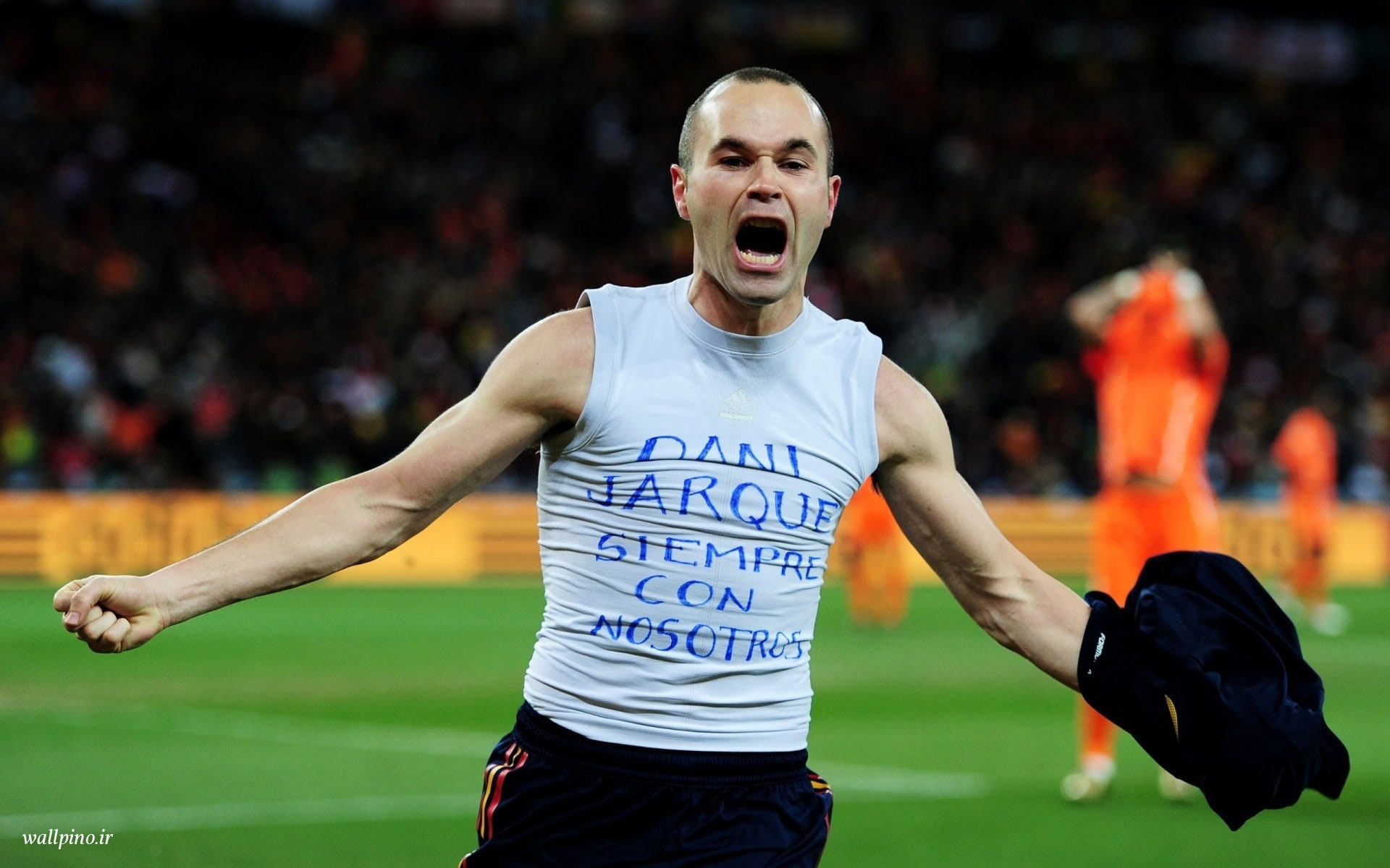 excitement, 1080P, andres iniesta, athlete, human body part, adult, one person, outdoors, front view, human limb, positive emotion, team sport, stadium, HD Wallpaper