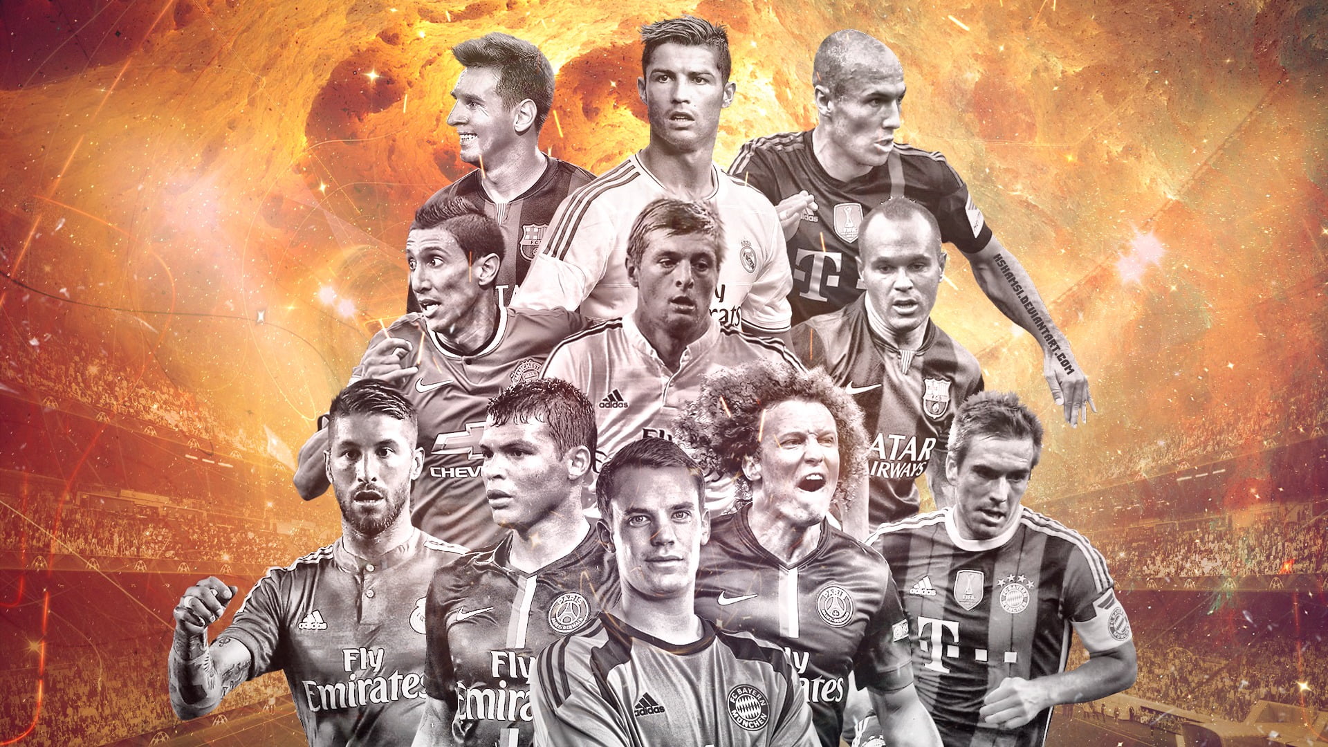 Robben, team of the year 2014-2015, men, Ronaldo, the past, people, Lahm, players, art and craft, Tiago Silva, male likeness, Sergio Ramos, history, famous Place, HD Wallpaper