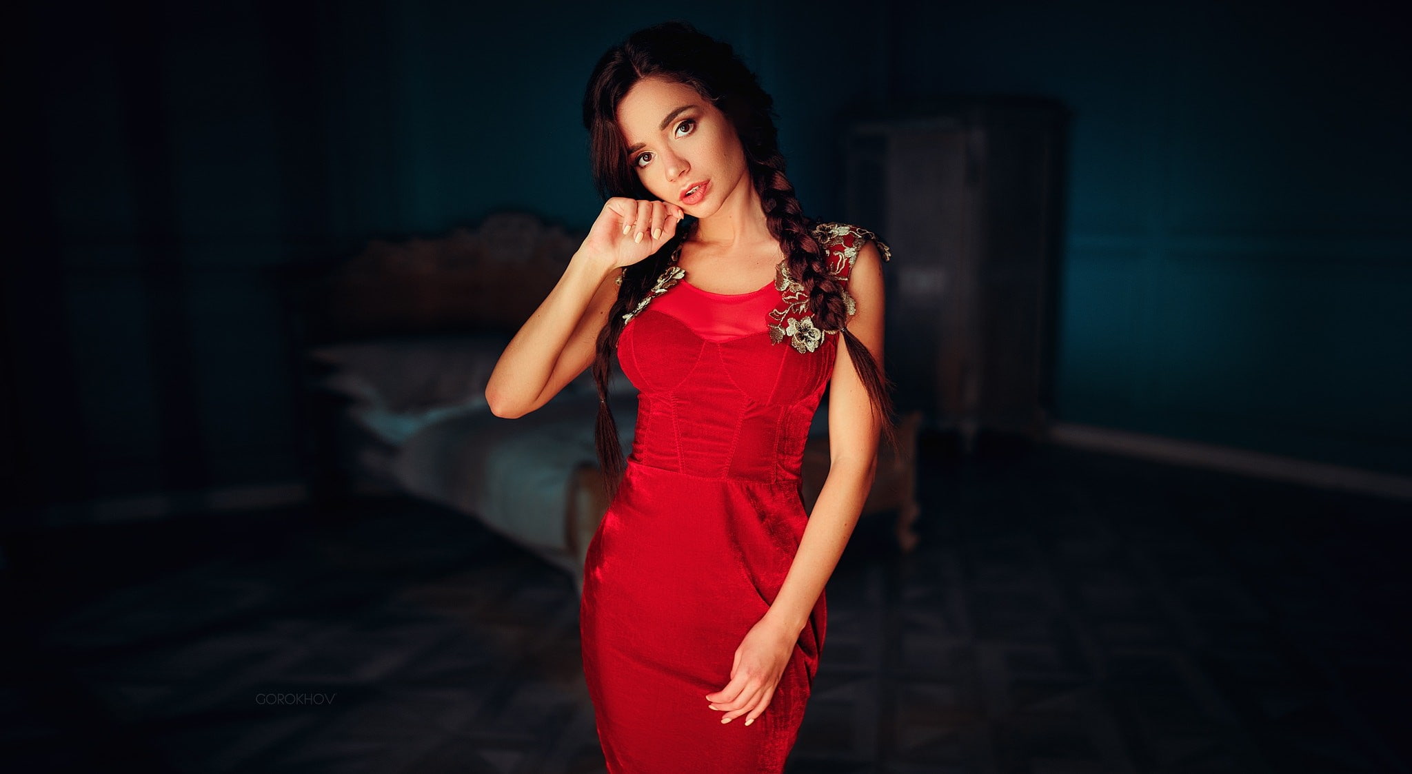 red dress, nightlife, Ivan Gorokhov, 1080P, beautiful people, Ekaterina Zueva, front view, young adult, looking at camera, clothing, pigtails, one person, HD Wallpaper