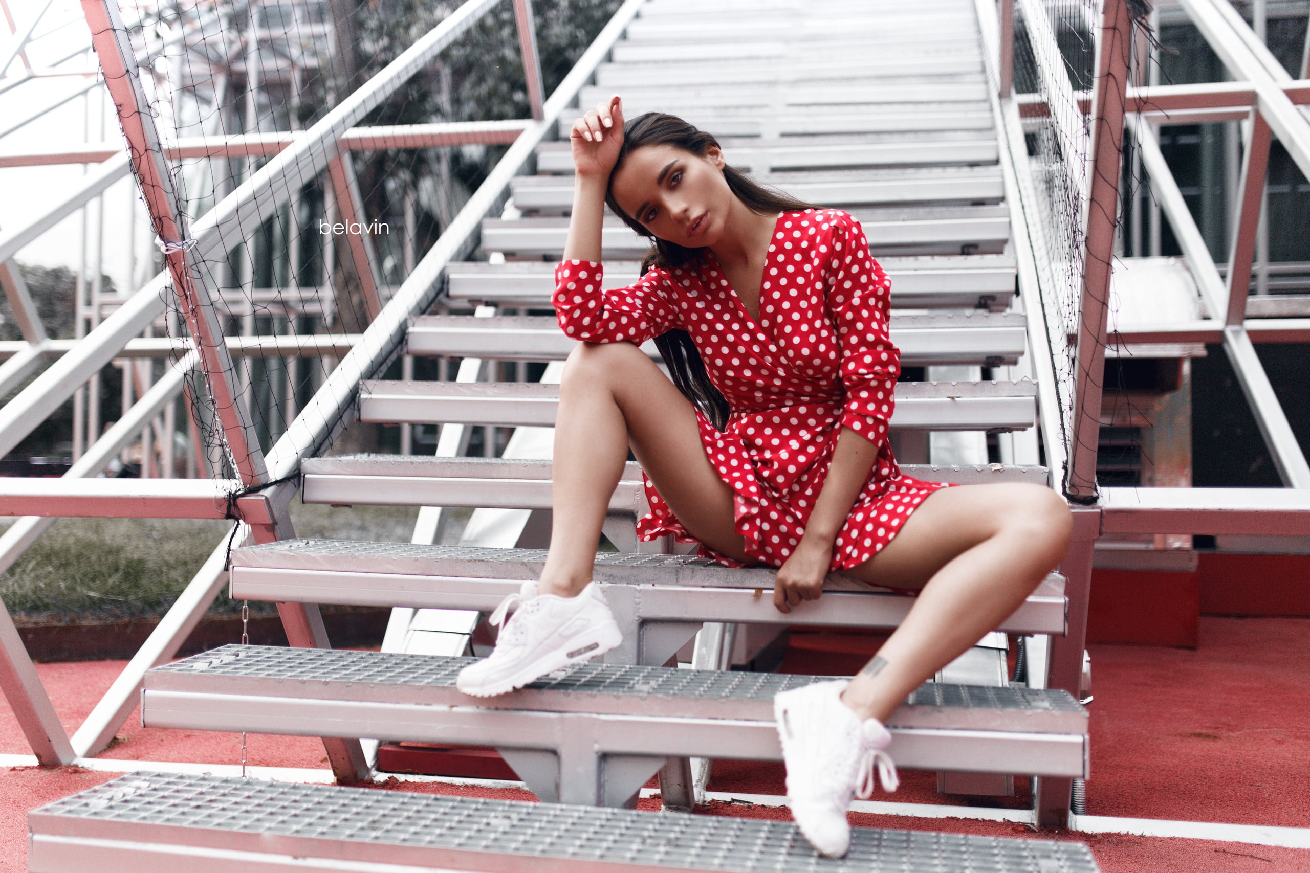 Girl, Alexander Belavin, legs, brunette, dress, steps, Ekaterina Zueva, Belavin, or, ladder, 2K, HD Wallpaper