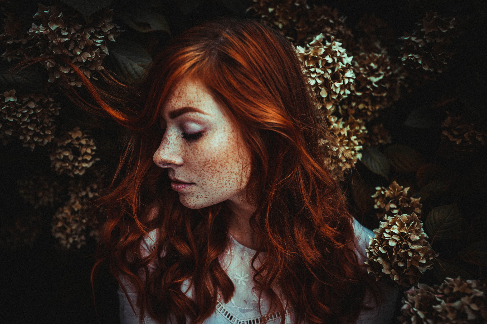 women, closed eyes, redhead, face, 1080P, freckles, flowers, white shirt, profile, Dominic Krug, HD Wallpaper