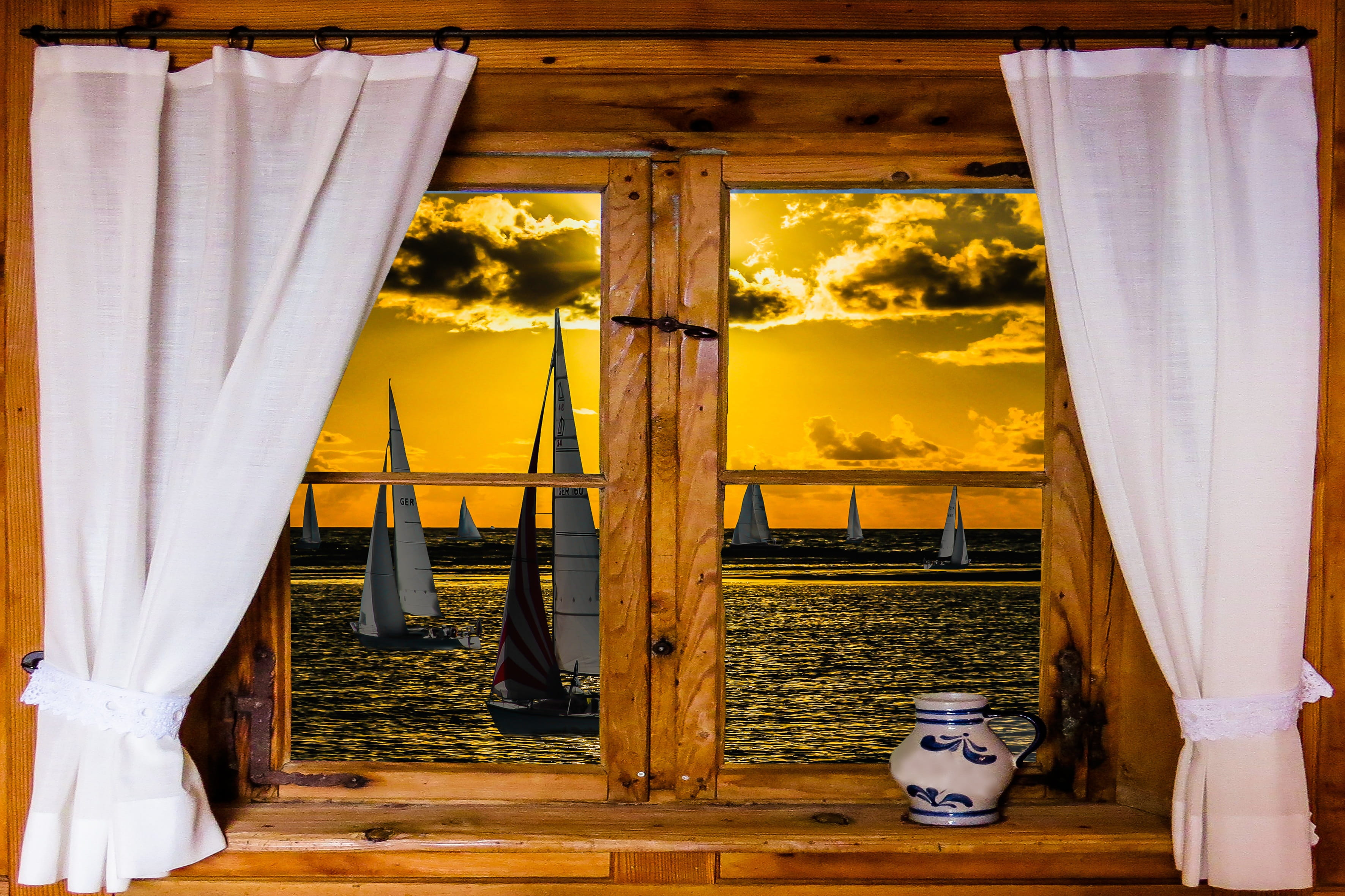 Nature, drying, indoors, Landscape, lite, holiday, Window, after work, lake, wooden windows, brown, clothing, water, leisure, day, Architecture, absence, HD Wallpaper