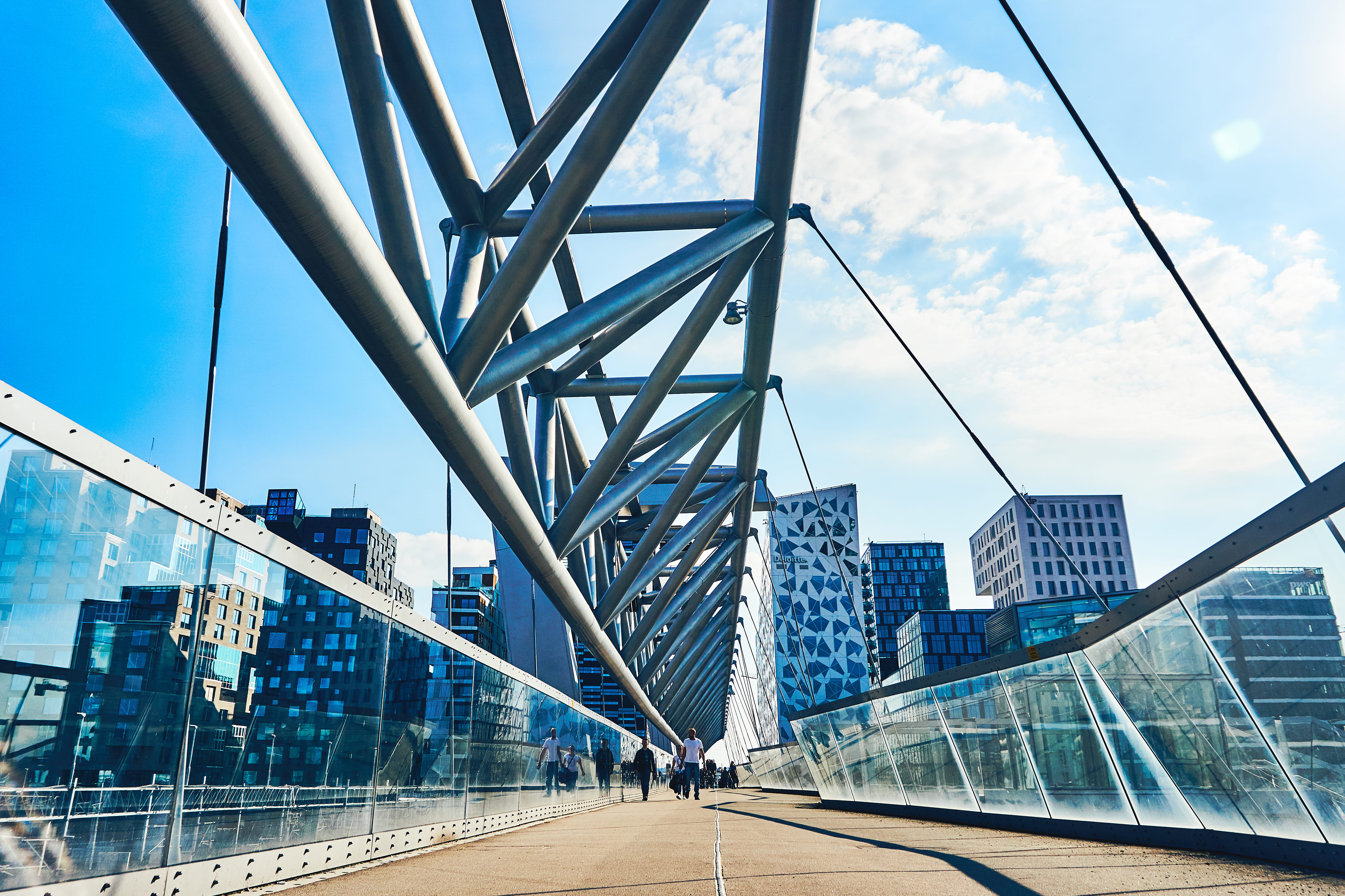day, glass, diminishing perspective, oslo, building exterior, connection, urban, barcode project, cloud - sky, sky, architecture, nature, tall - high, 5K, HD Wallpaper