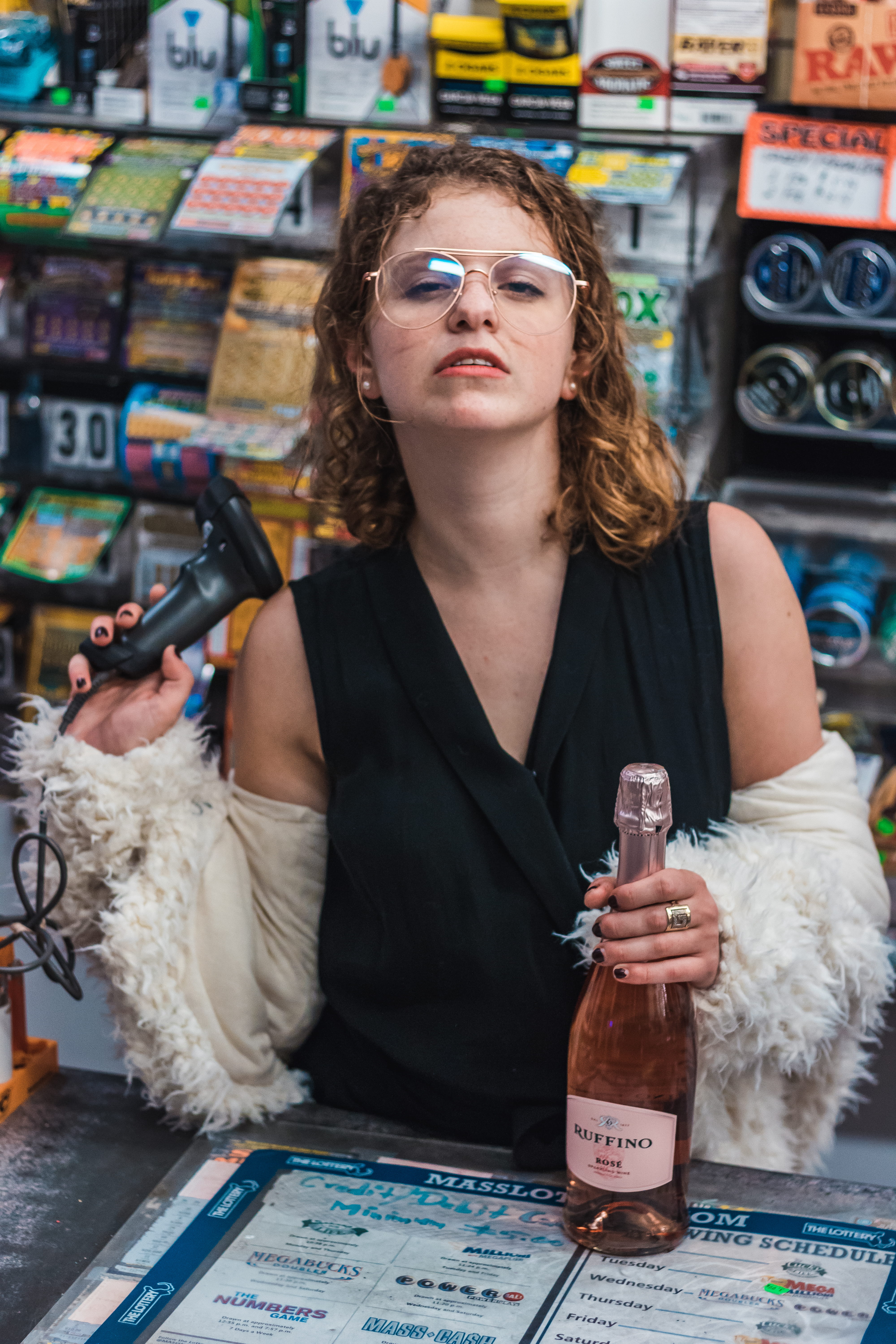 barcode, pose, glasses, container, 5K, woman, contemplation, waist up, young women, hairstyle, indoors, leisure activity, front view, wine, city, scanner, Phone HD Wallpaper