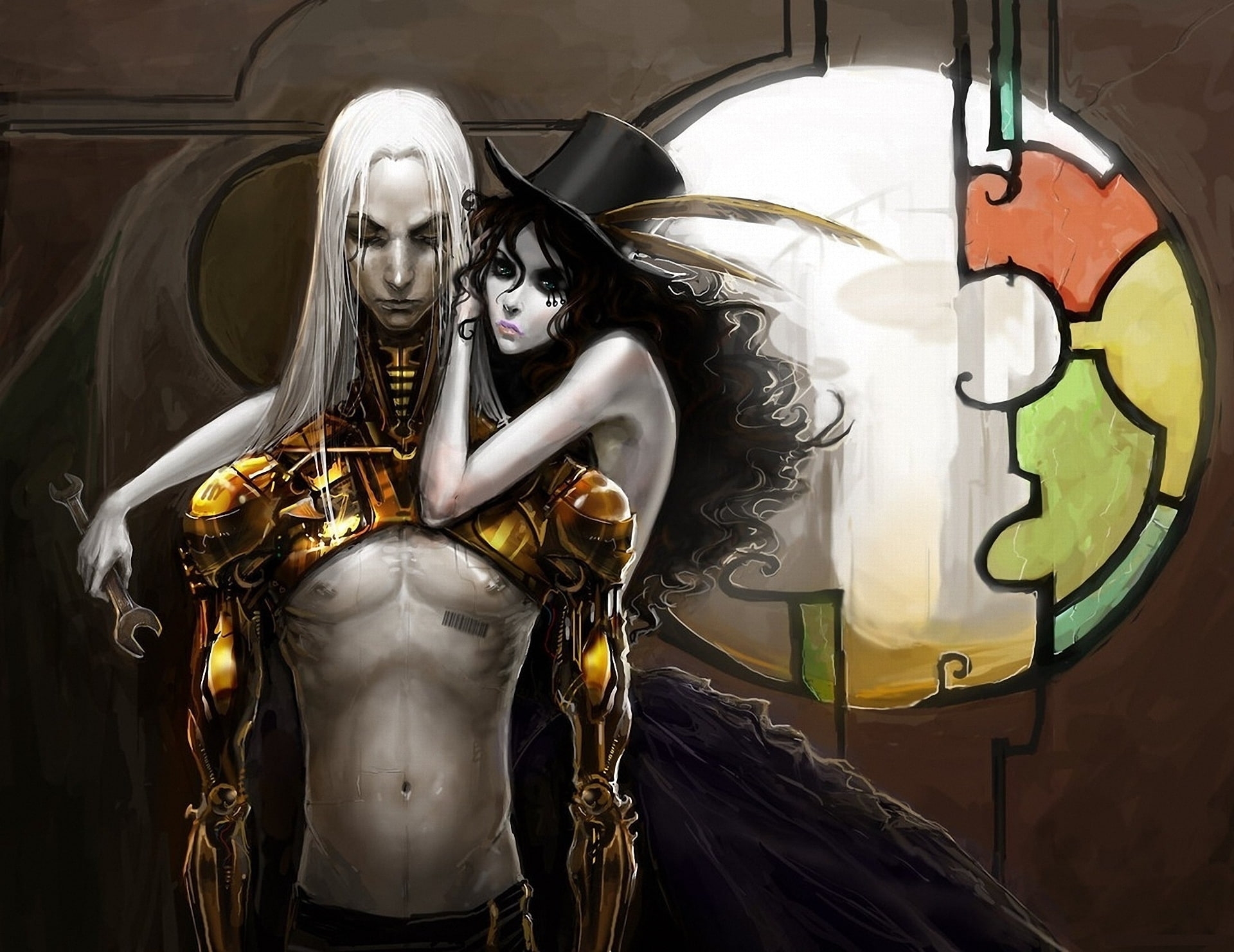 anndr, wrench, stained, cyborg, metal, guy, glass, cylinder, window, code, girl, 1080P, robot, art, bar, HD Wallpaper