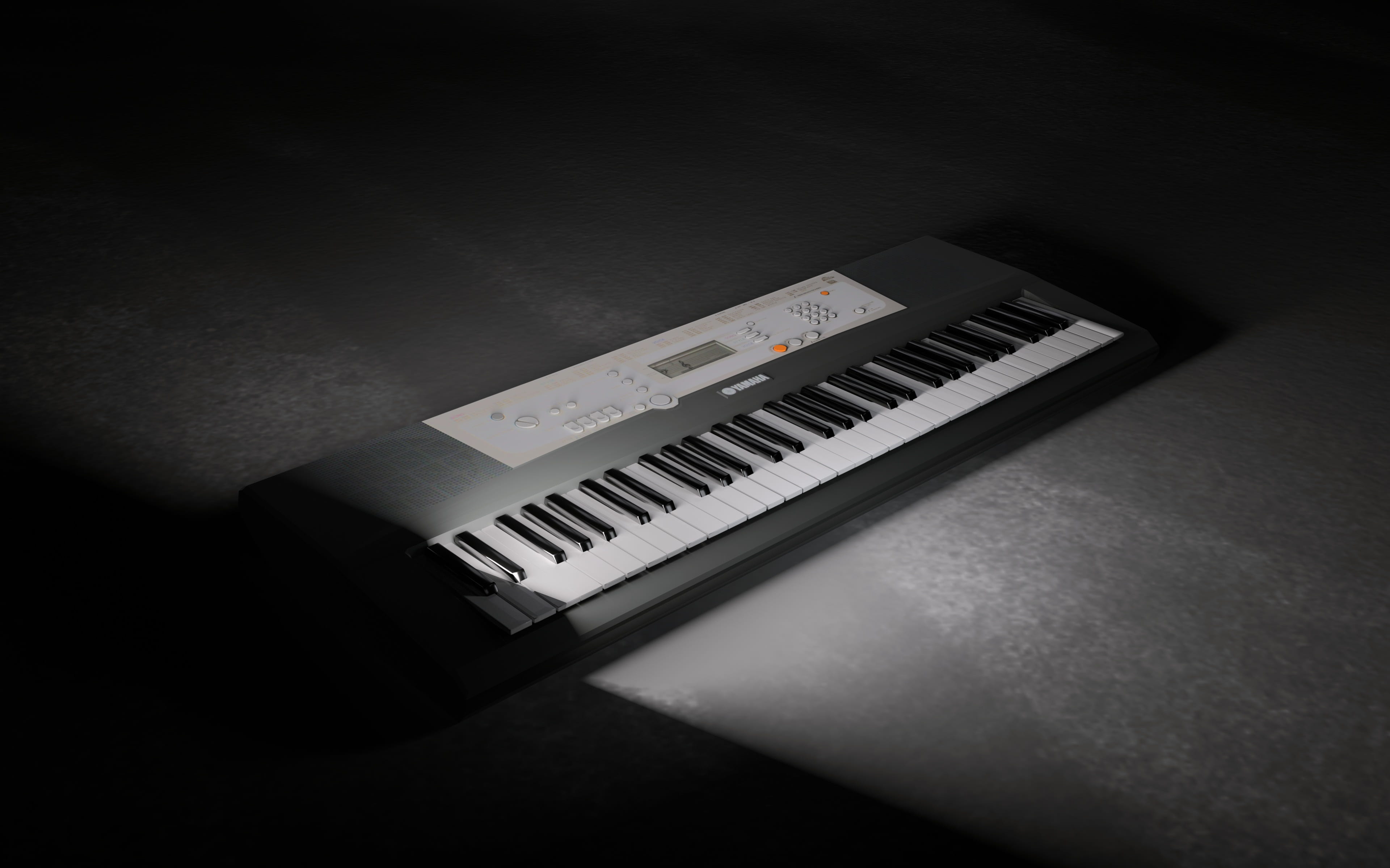 input, black background, close-up, musical instrument, no people, communication, table, dark, 3d model, bar code, indoors, black color, keyboard, piano keys, HD Wallpaper