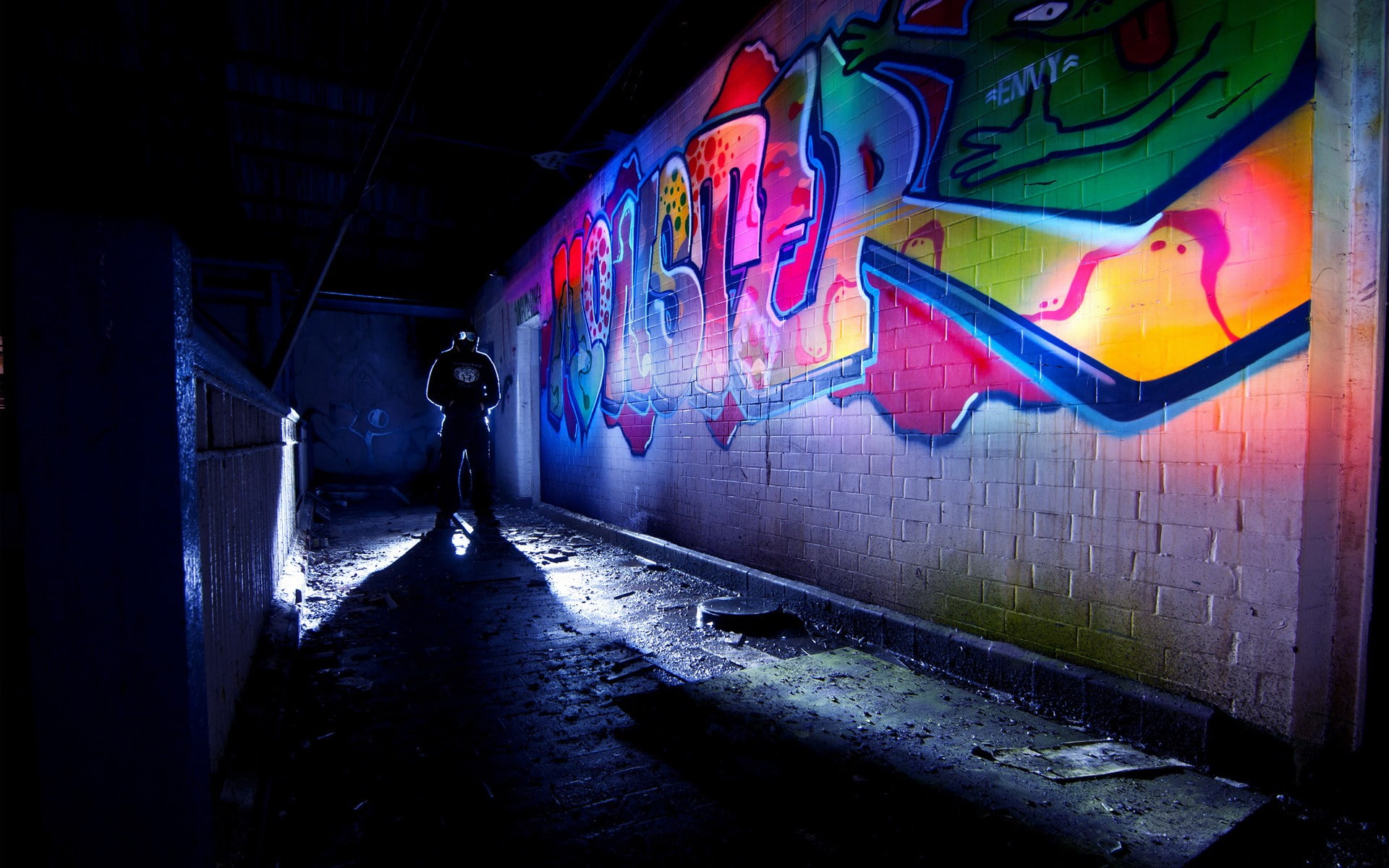1080P, hd, digital/artwork, graffiti, wall, light, brick, HD Wallpaper