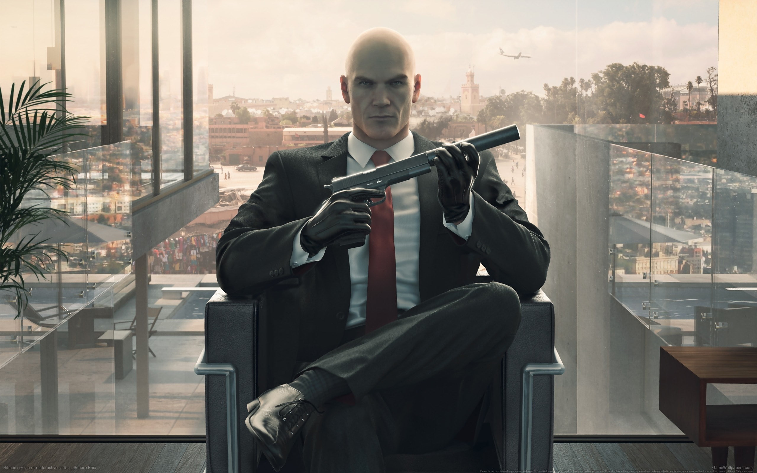 window, business, cityscape, men, building exterior, hitman 2016, one person, day, three quarter length, front view, adult, suit, businessman, males, sitting, HD Wallpaper